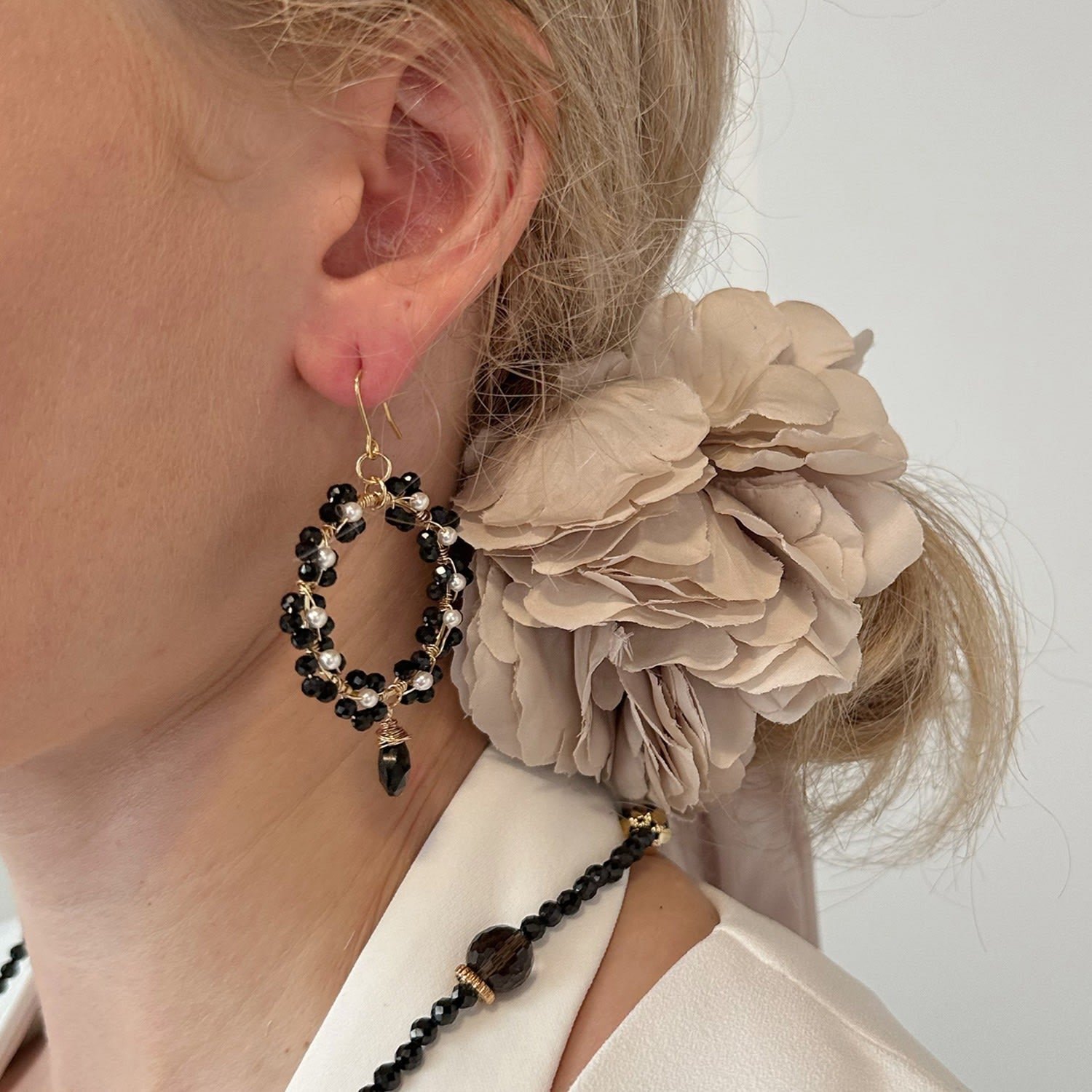 Handcrafted Black Agate Flower Ring Dangle Earrings