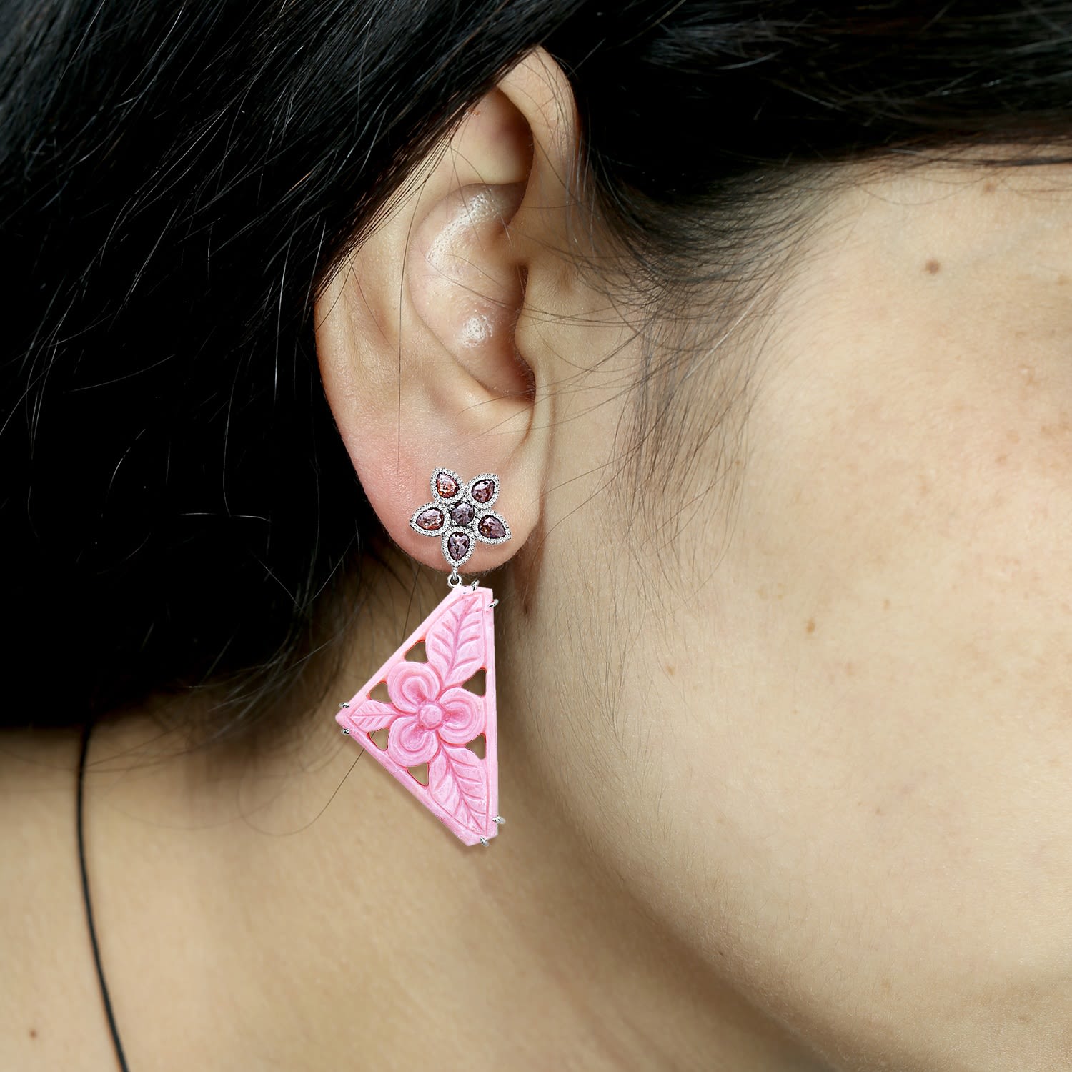 Handcrafted Carved Opal & Ice Diamond Earrings In White Gold