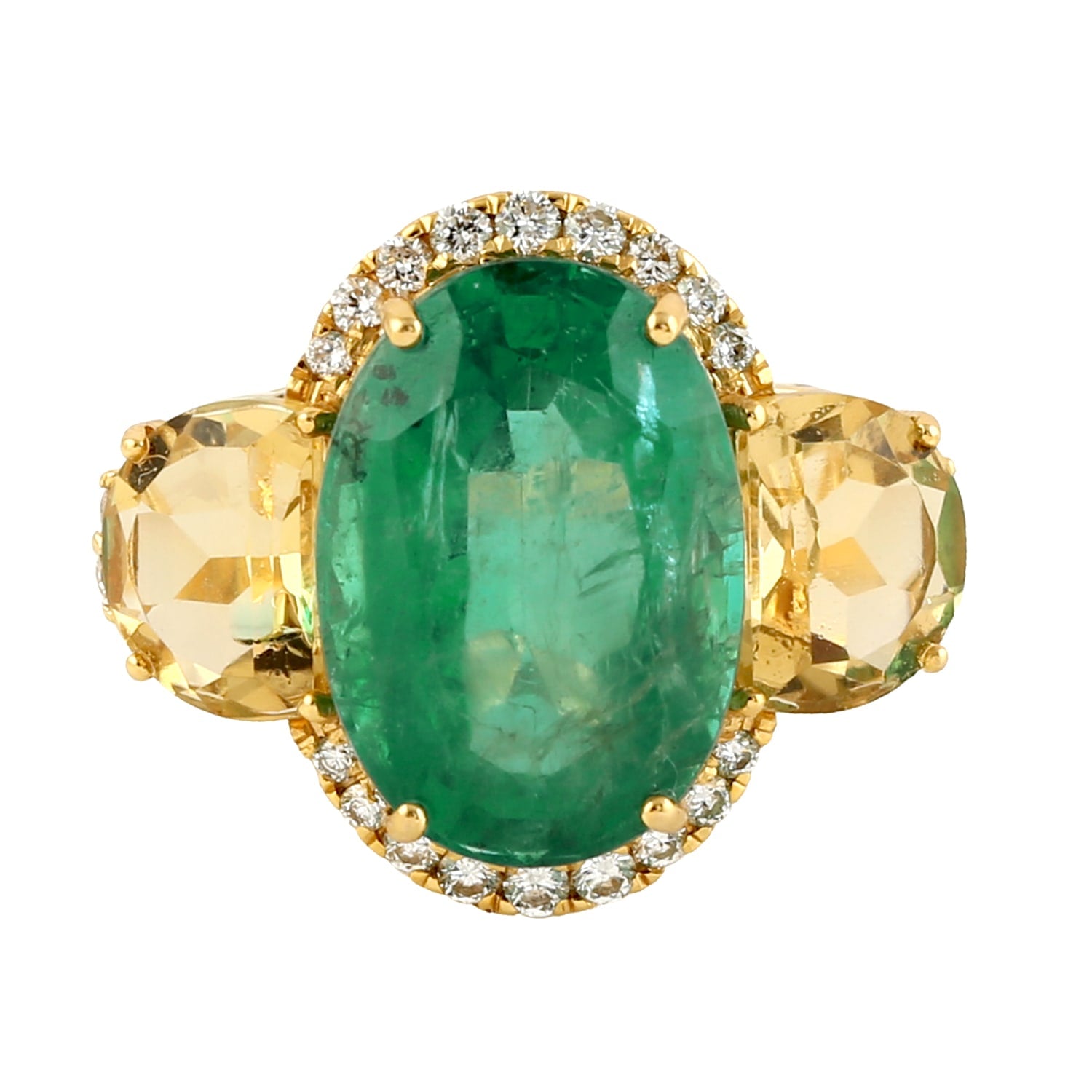 Citrine & Emerald Gemstone Pave Diamond Three Stone Ring In Gold