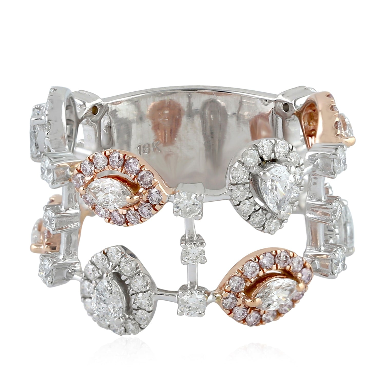 Natural Uncut Diamond Long Band Ring In Rose And White Gold