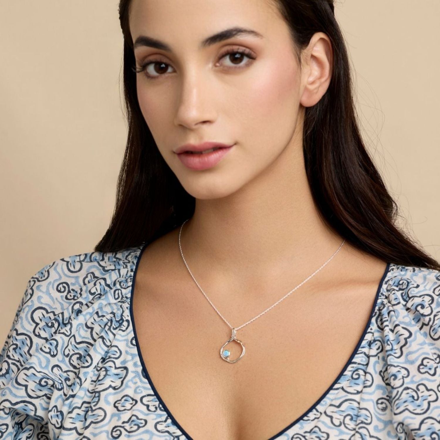 Handmade Blue Opal Organic Circle Necklace