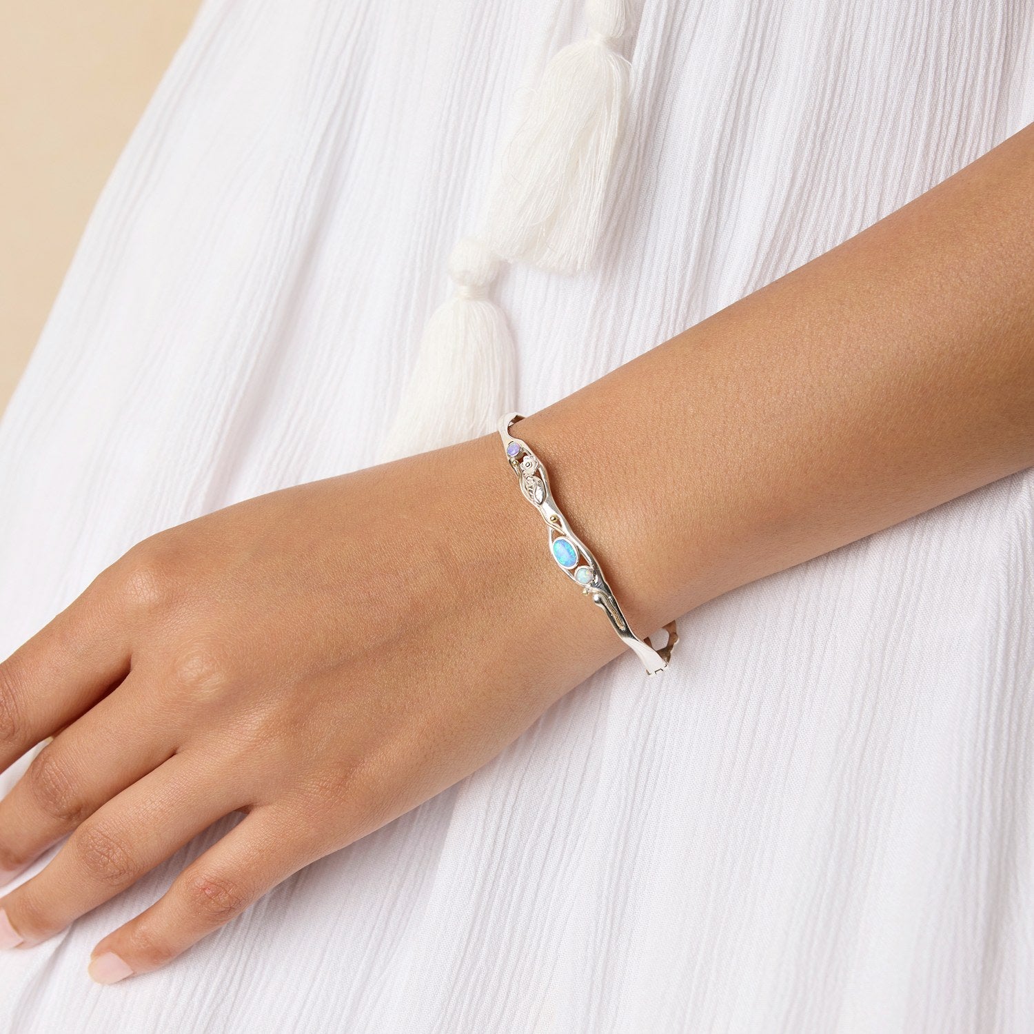 Handmade Dainty Silver Blue Fire Opal Flower Bracelet