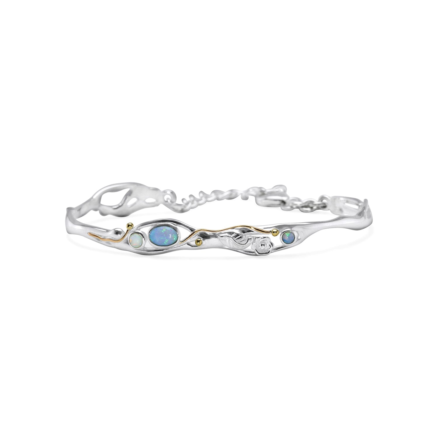 Handmade Dainty Silver Blue Fire Opal Flower Bracelet