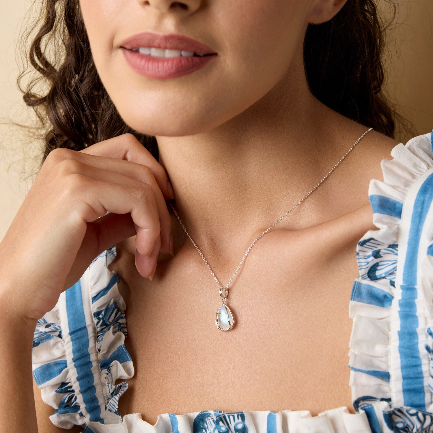 Handmade Rainbow Moonstone Droplet Pendant Necklace