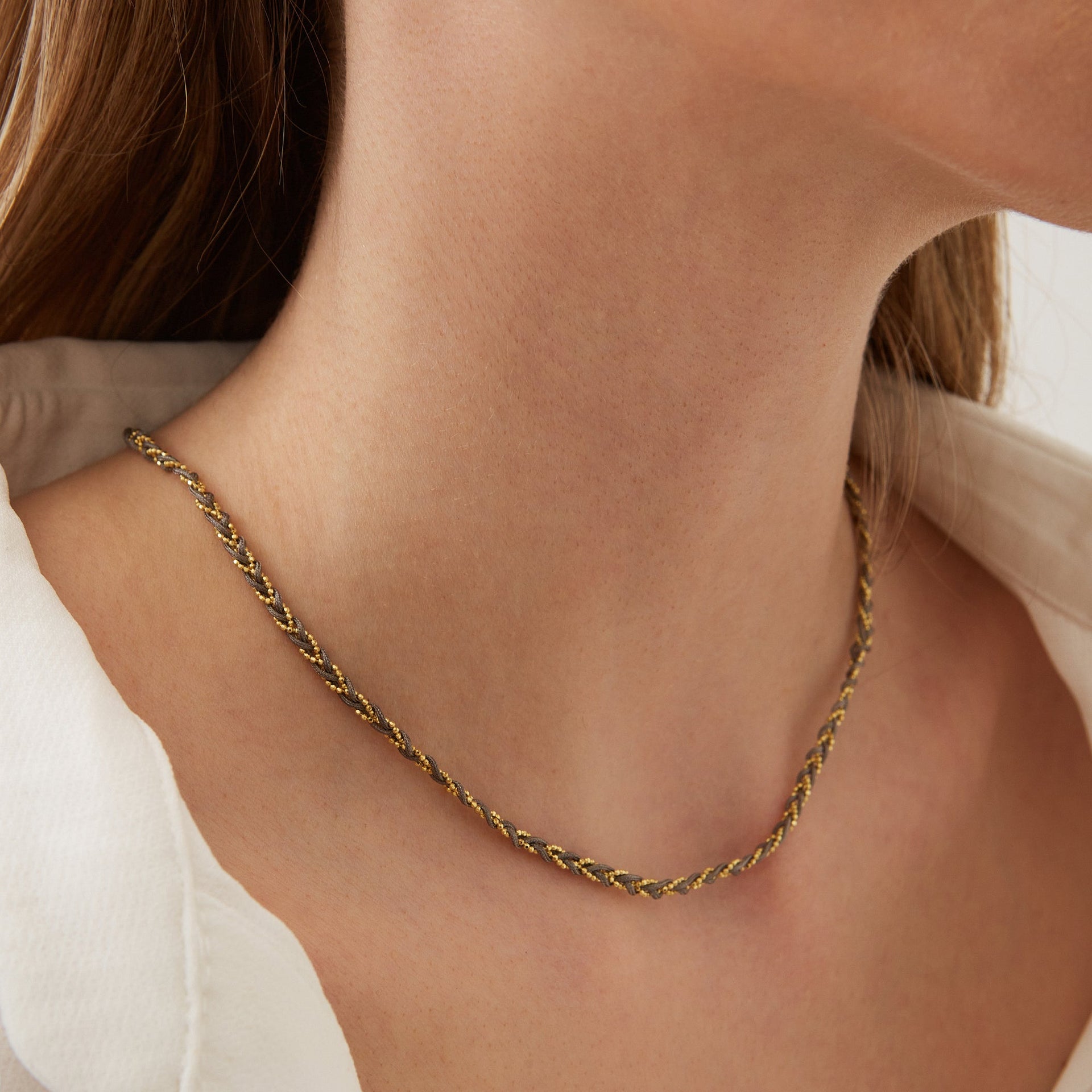 Handmade Rope Braided Sterling Silver Beaded Chain Necklace In Grey