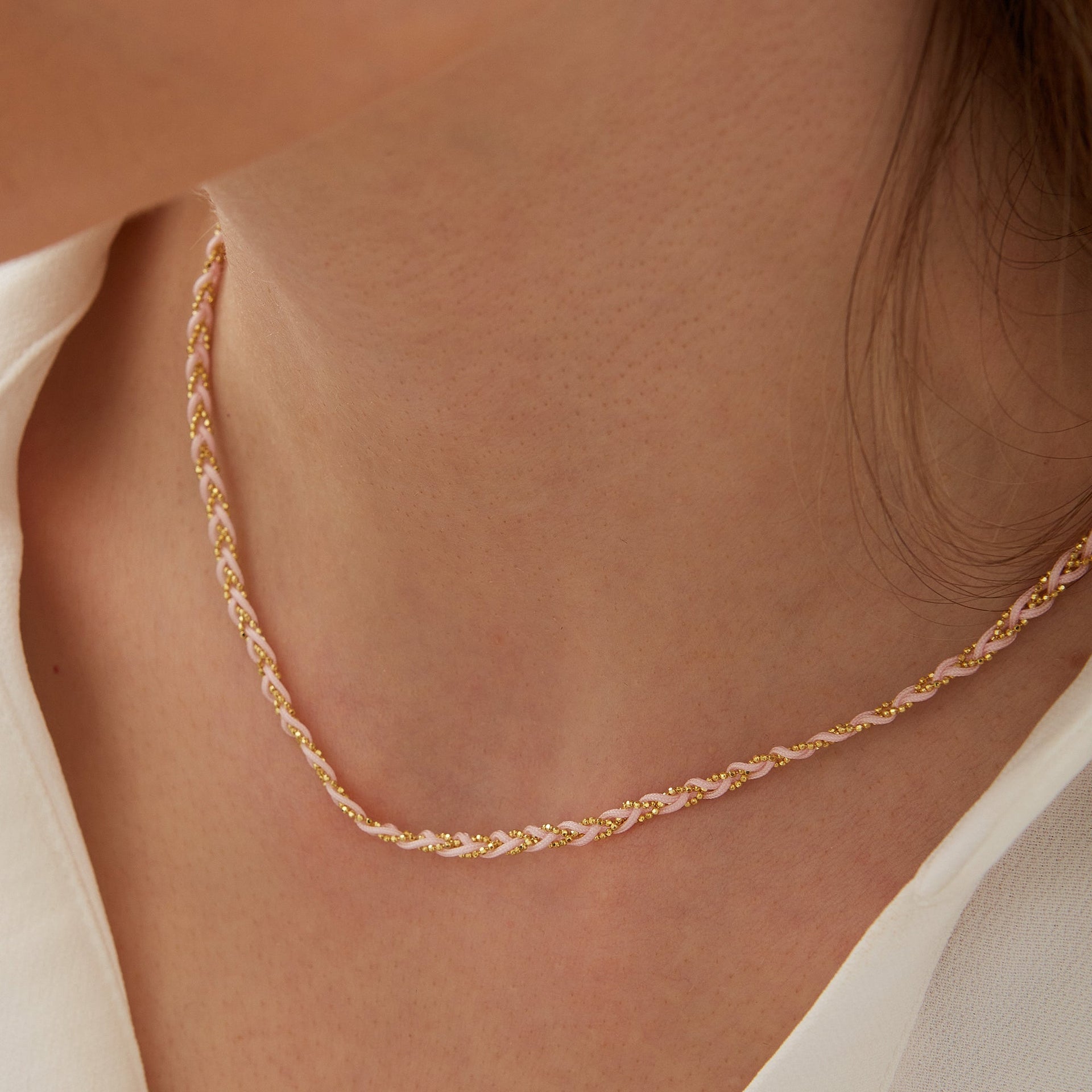 Handmade Rope Braided Sterling Silver Beaded Chain Necklace In Pink