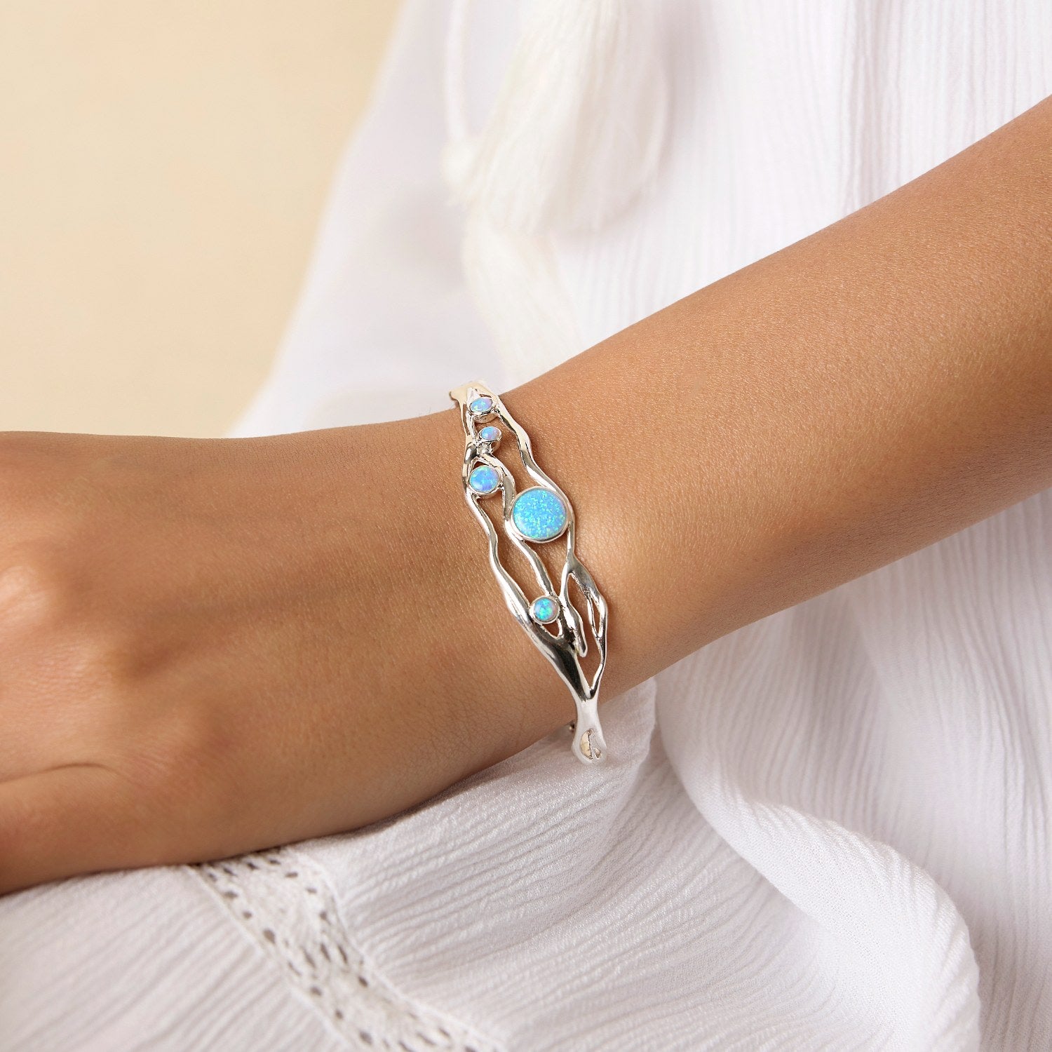 Handmade Silver Blue Fire Opal Bracelet