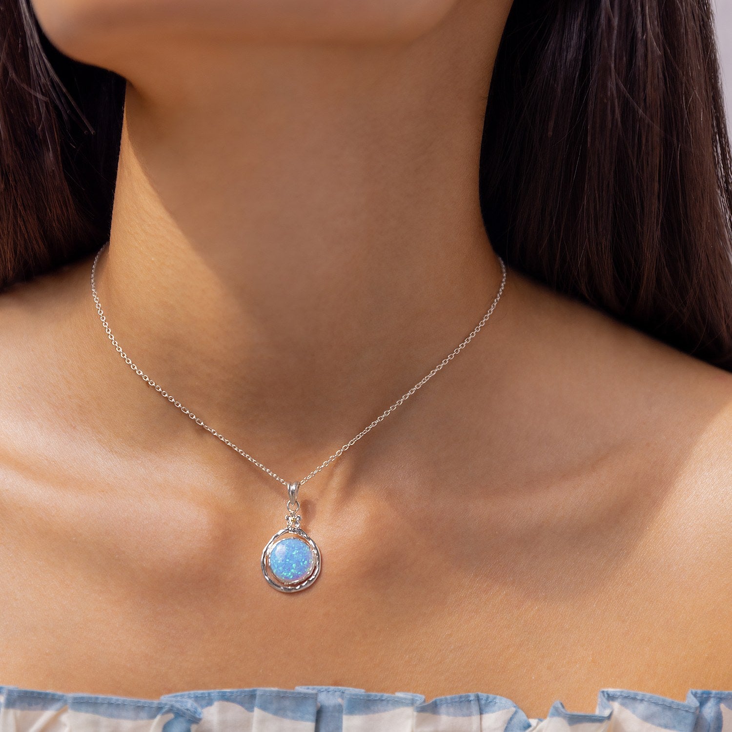 Handmade Sterling Silver Blue Fire Opal Pendant With Dainty Flower Detail