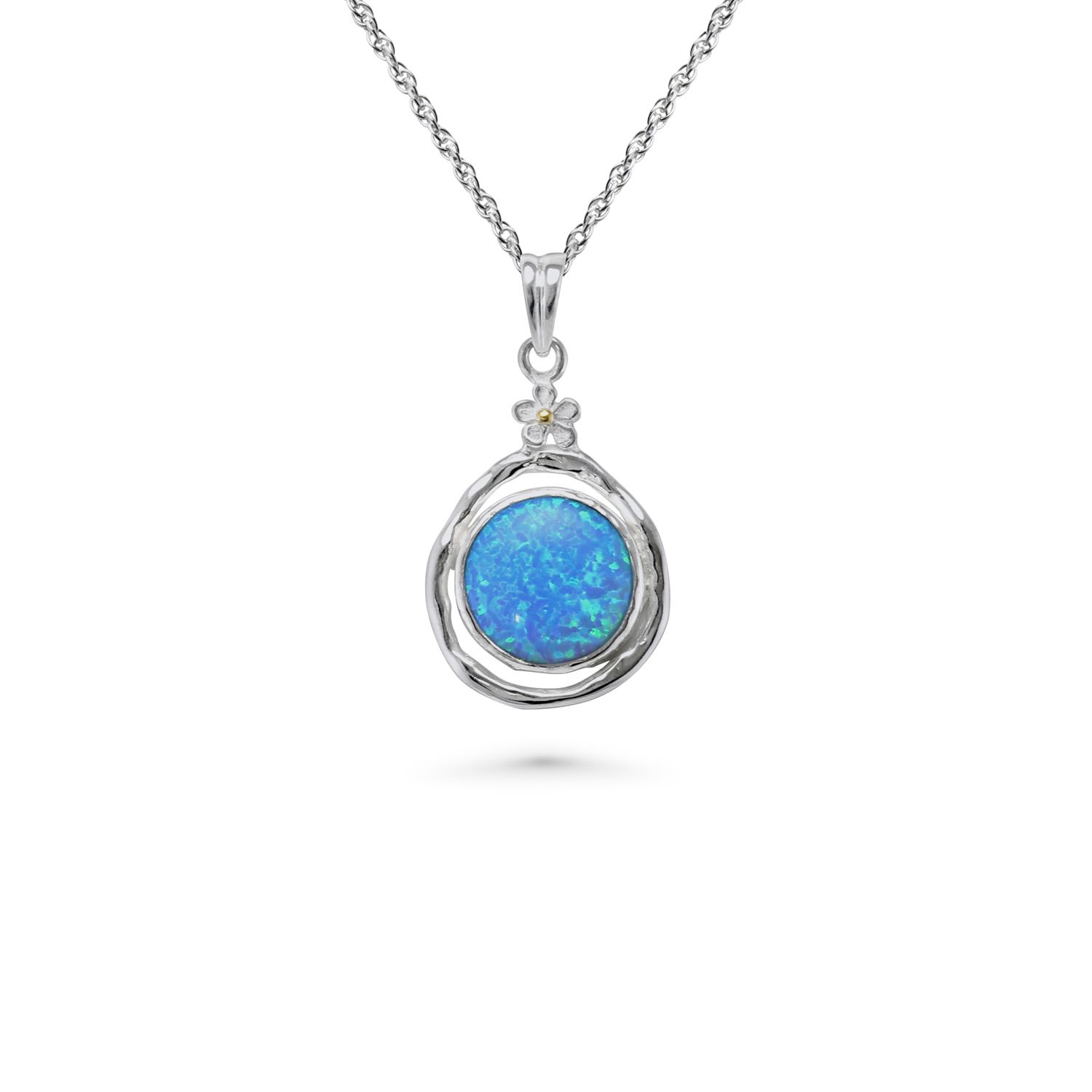 Handmade Sterling Silver Blue Fire Opal Pendant With Dainty Flower Detail