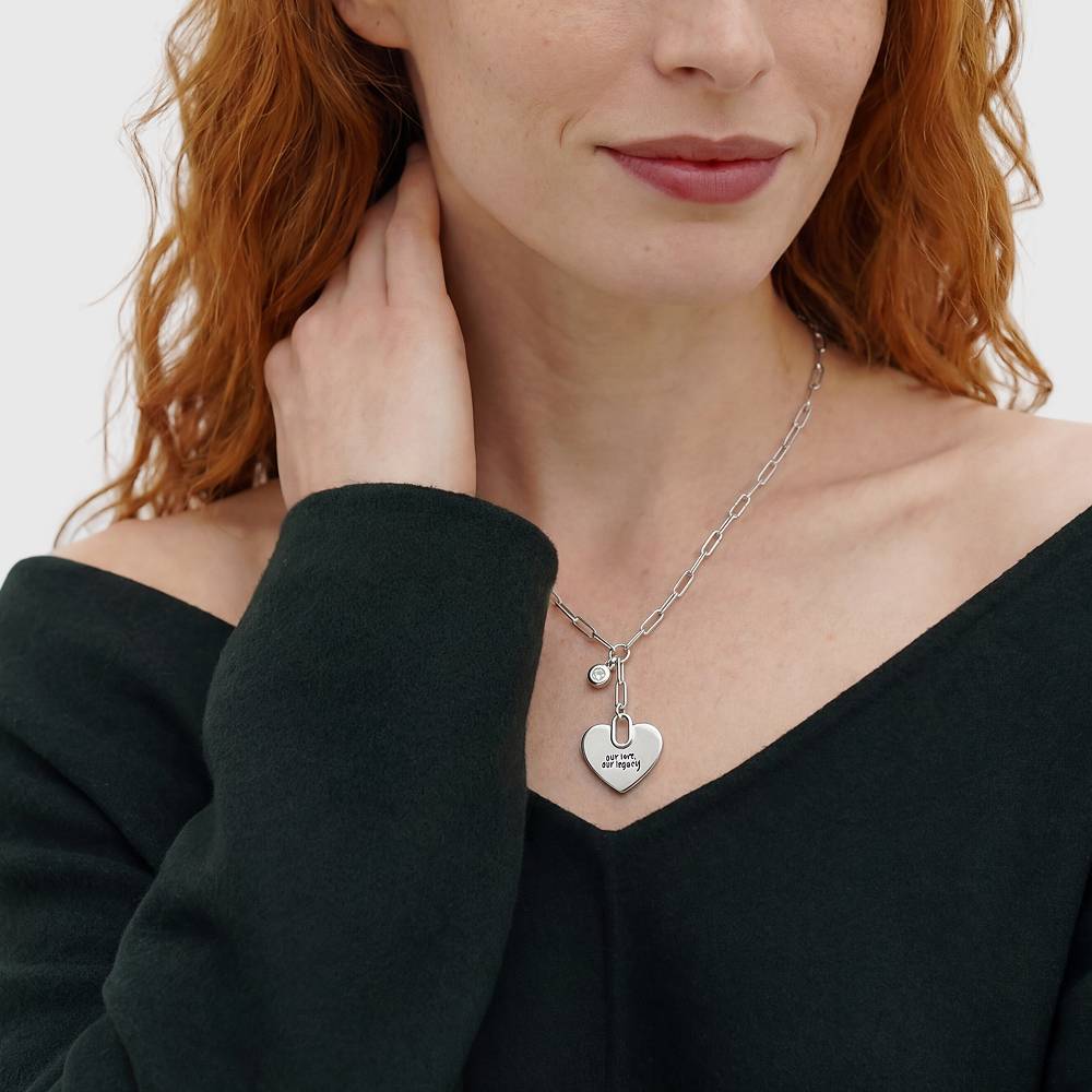 Handwriting Engraved Heart Paperclip Necklace in Silver with Diamonds