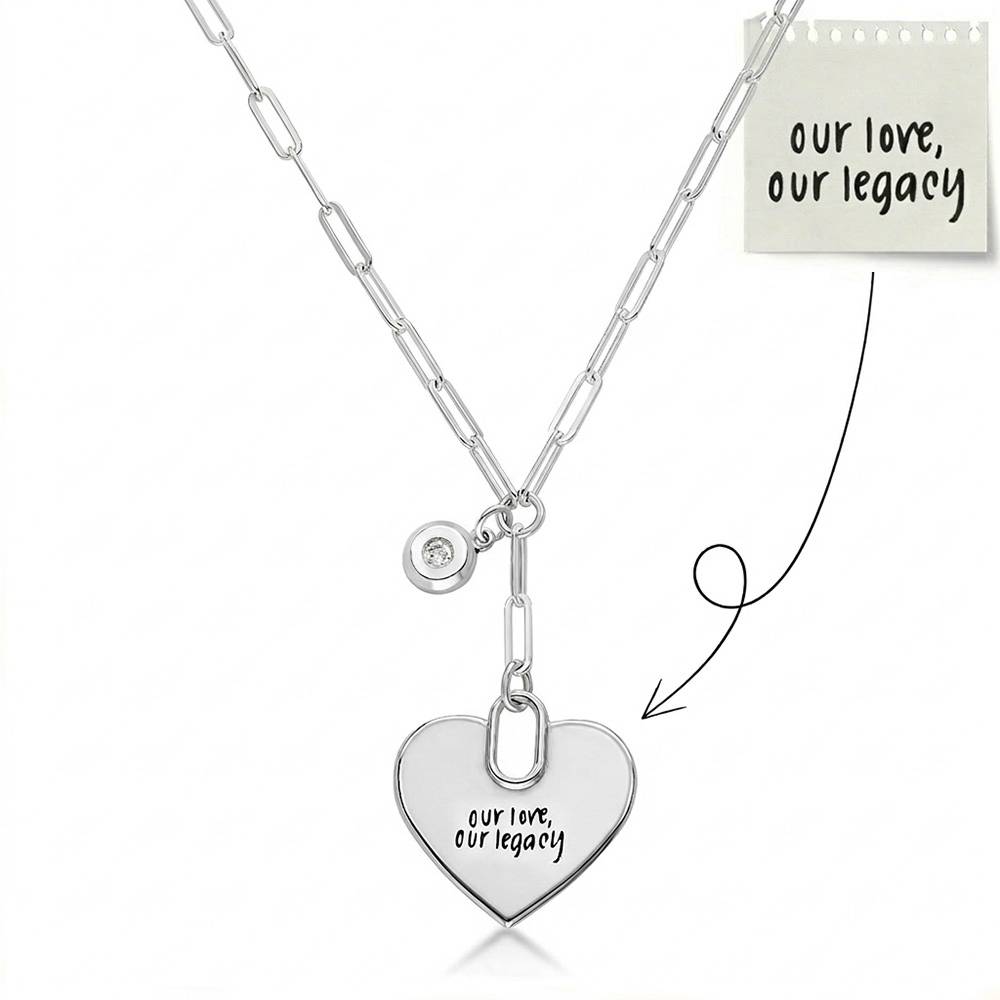 Handwriting Engraved Heart Paperclip Necklace in Silver with Diamonds