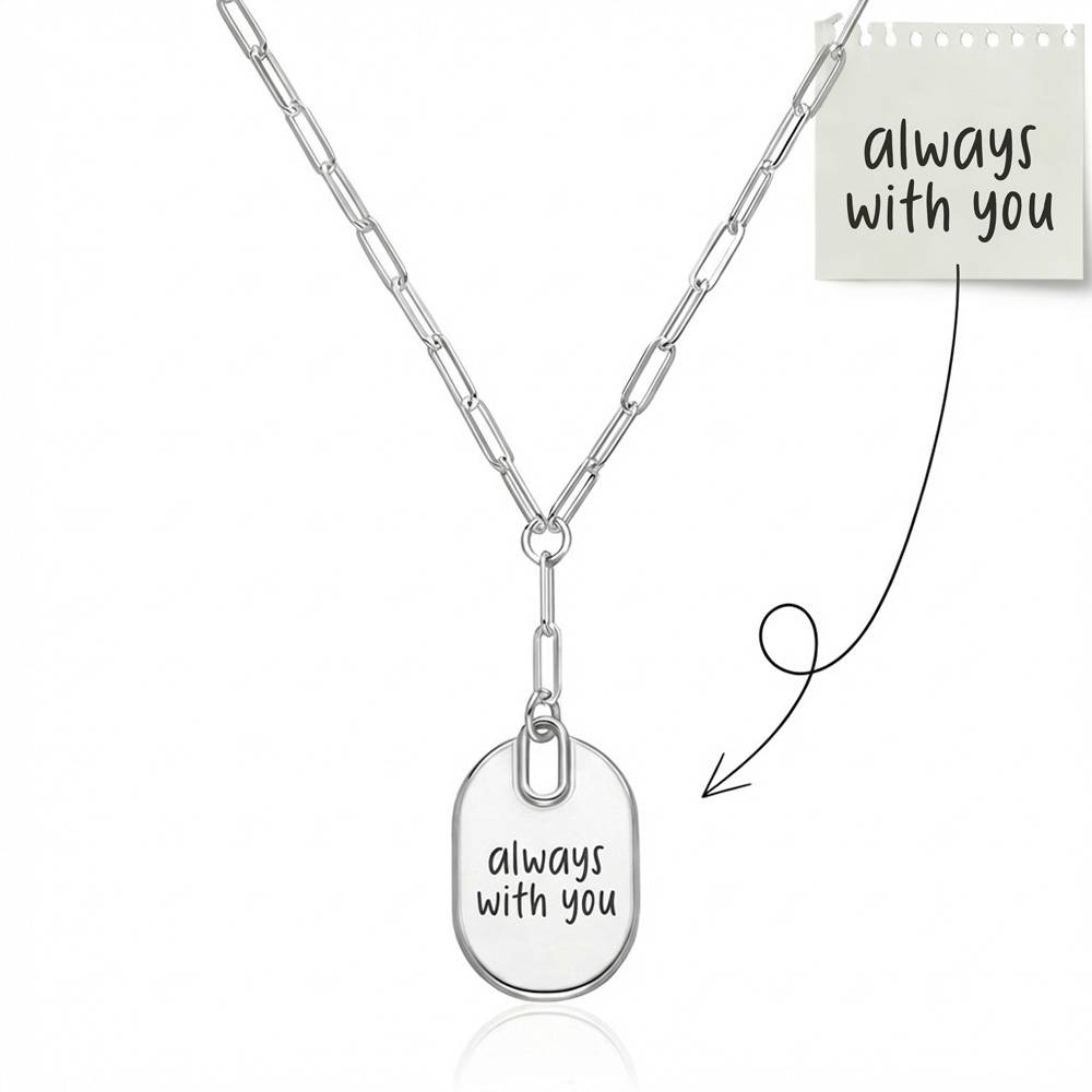 Custom Handwriting Necklace -  Engraved Oval Pendant Paperclip Necklace in Silver