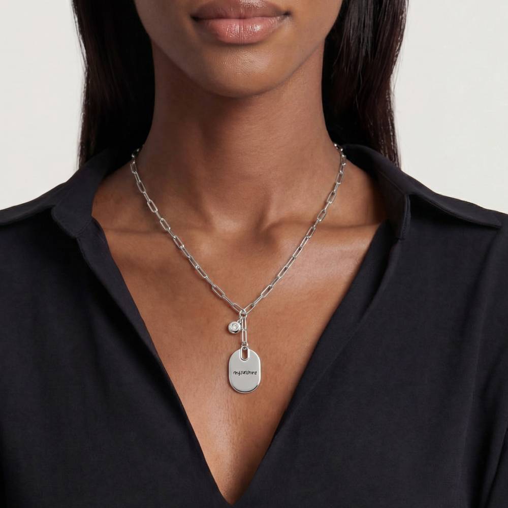 Custom Handwriting Necklace -  Engraved Oval Pendant Paperclip Necklace in Silver with Diamonds