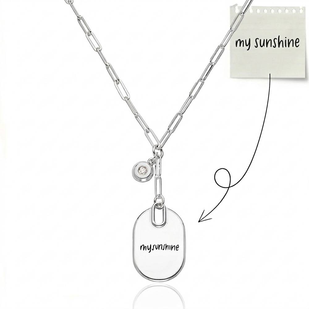 Custom Handwriting Necklace -  Engraved Oval Pendant Paperclip Necklace in Silver with Diamonds