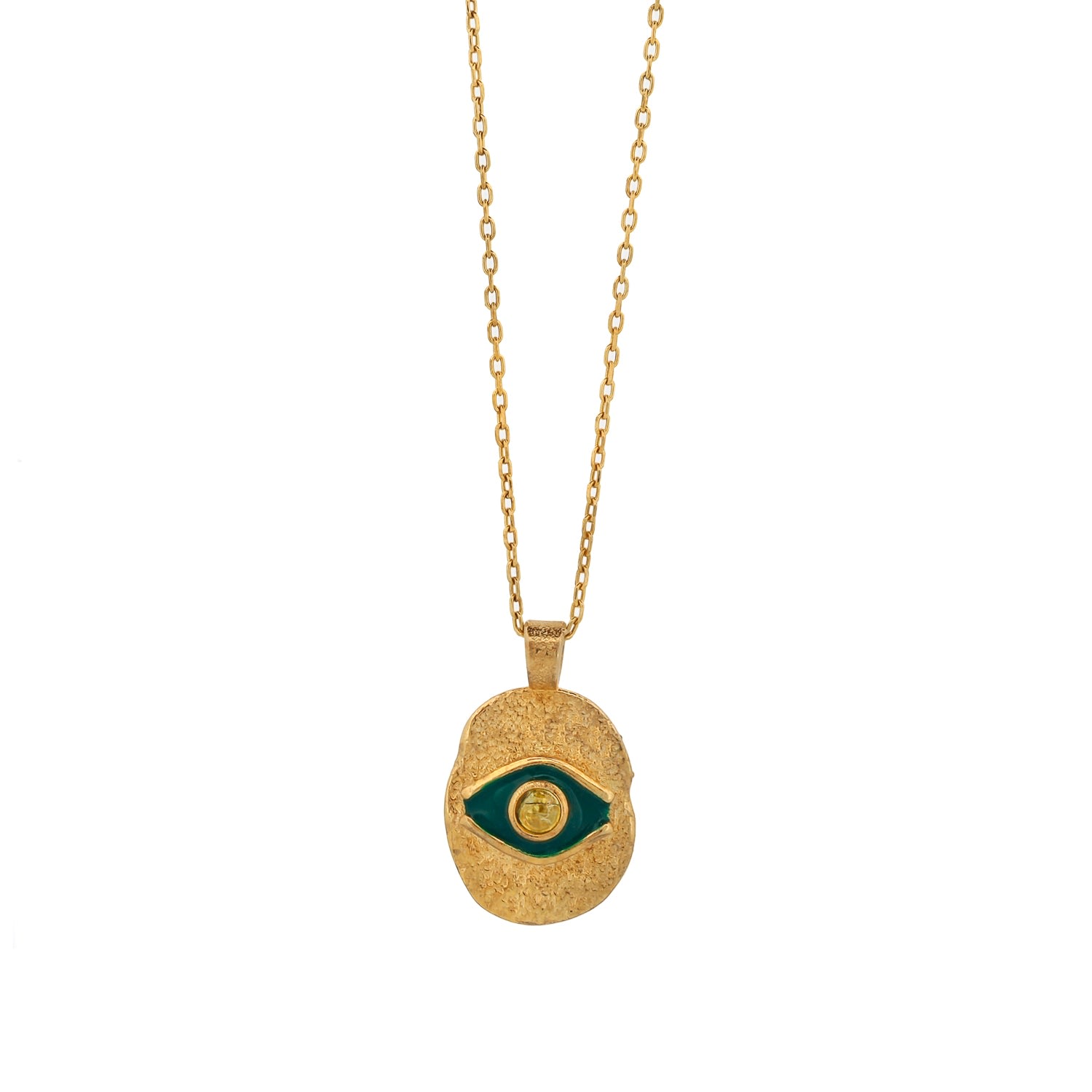 Green Enamel Evil Eye Gold Pendant Happiness Necklace - Gold