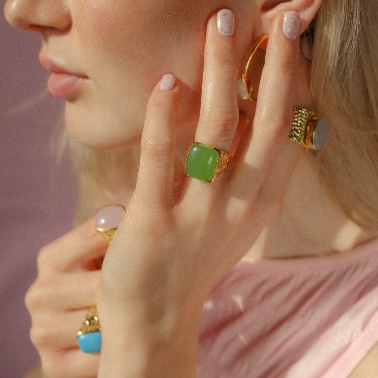 Happy' Prehnite Green Gemstone Gold Ring