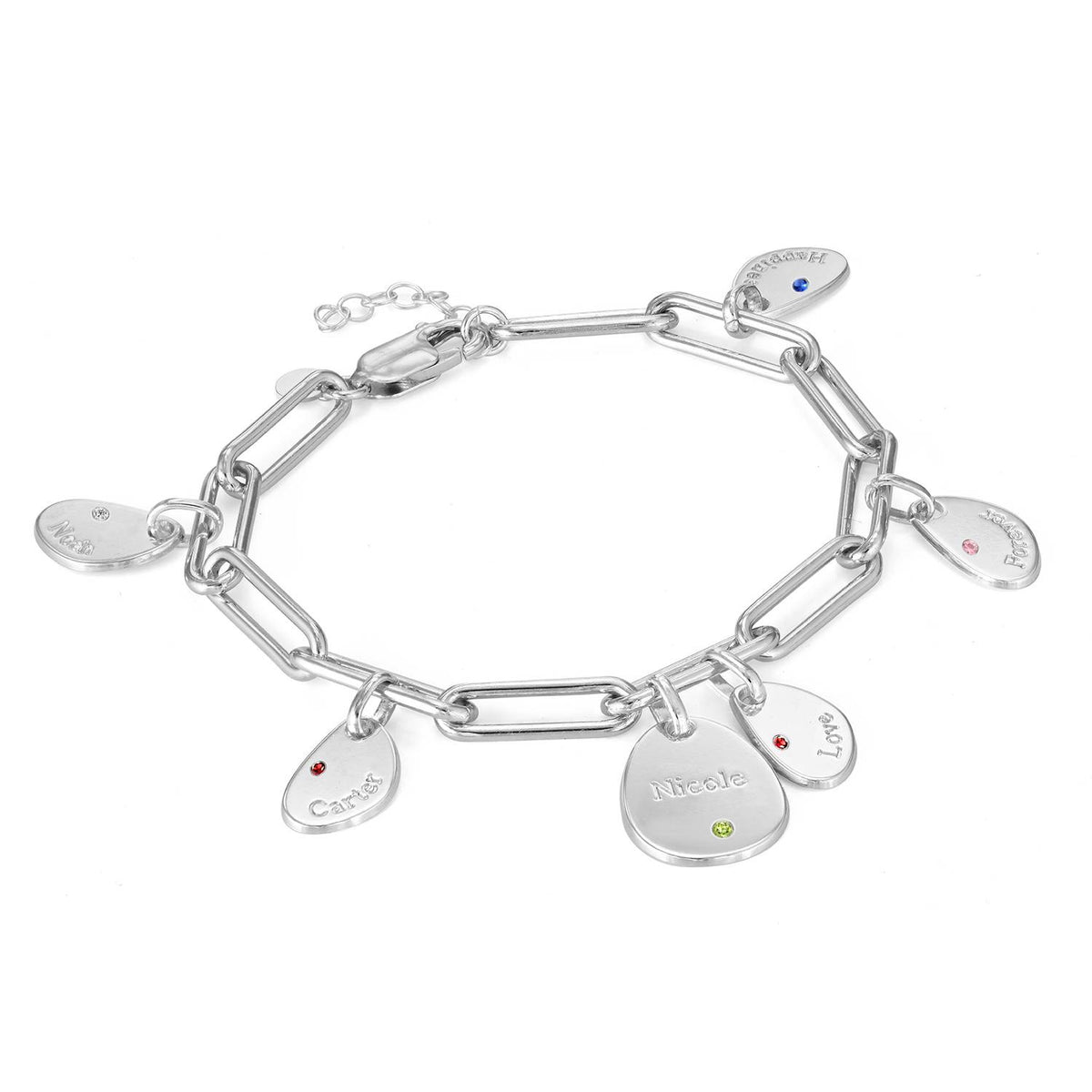 Hazel Paperclip Bracelet with Engraved Charms & Birthstones in Silver