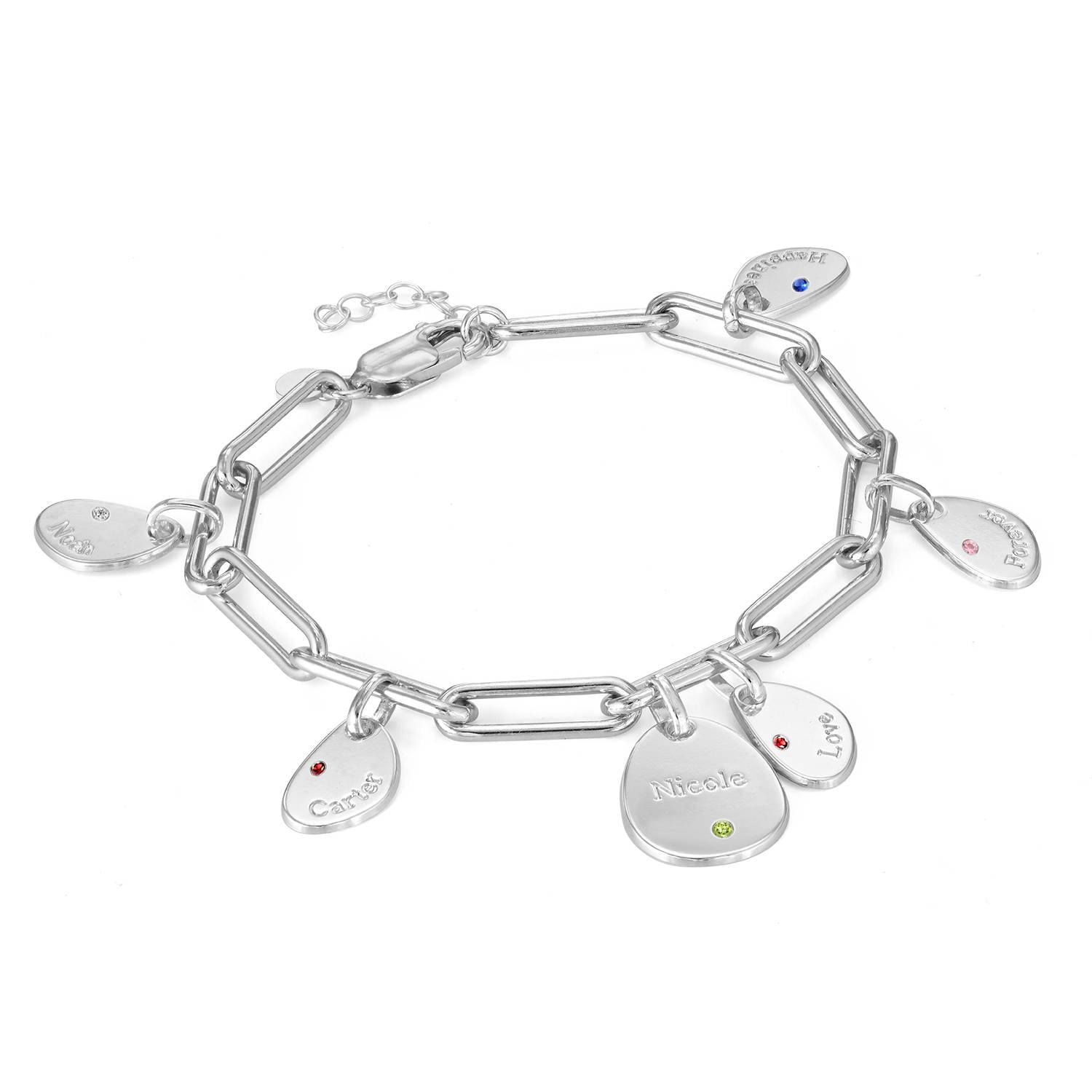 Hazel Paperclip Bracelet with Engraved Charms & Birthstones in Sterling Silver
