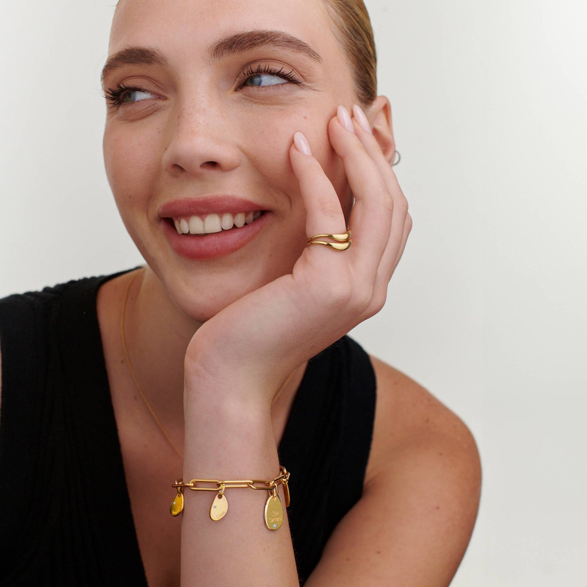 Hazel Paperclip Bracelet with Engraved Charms & Diamonds in Gold Plating