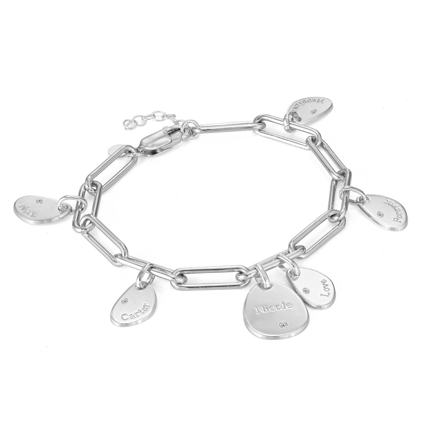 Hazel Paperclip Bracelet with Engraved Charms & Diamonds in Silver