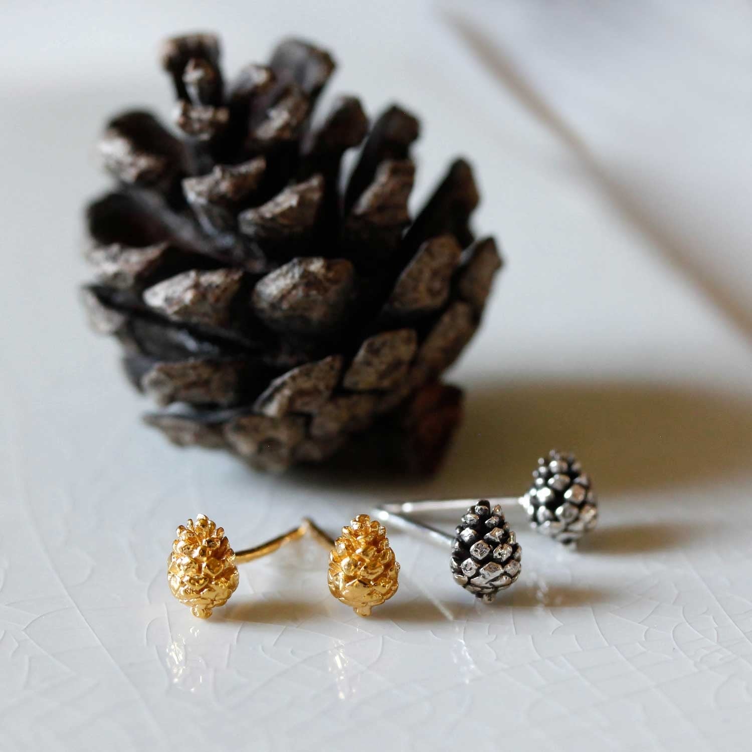 Baby Pine Cone Earrings - Silver