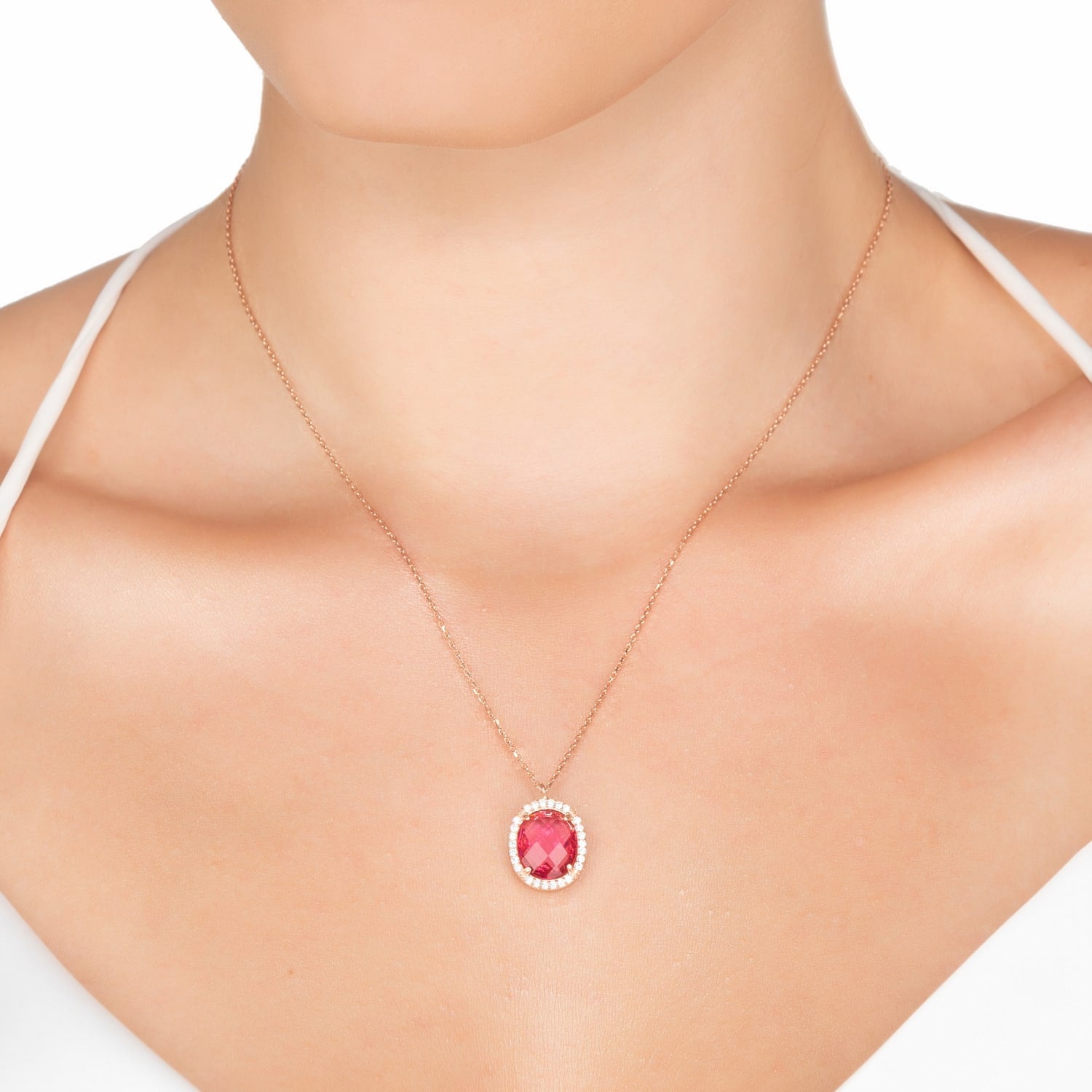 Beatrice Oval Gemstone Pendant Necklace Rose Gold Pink Tourmaline