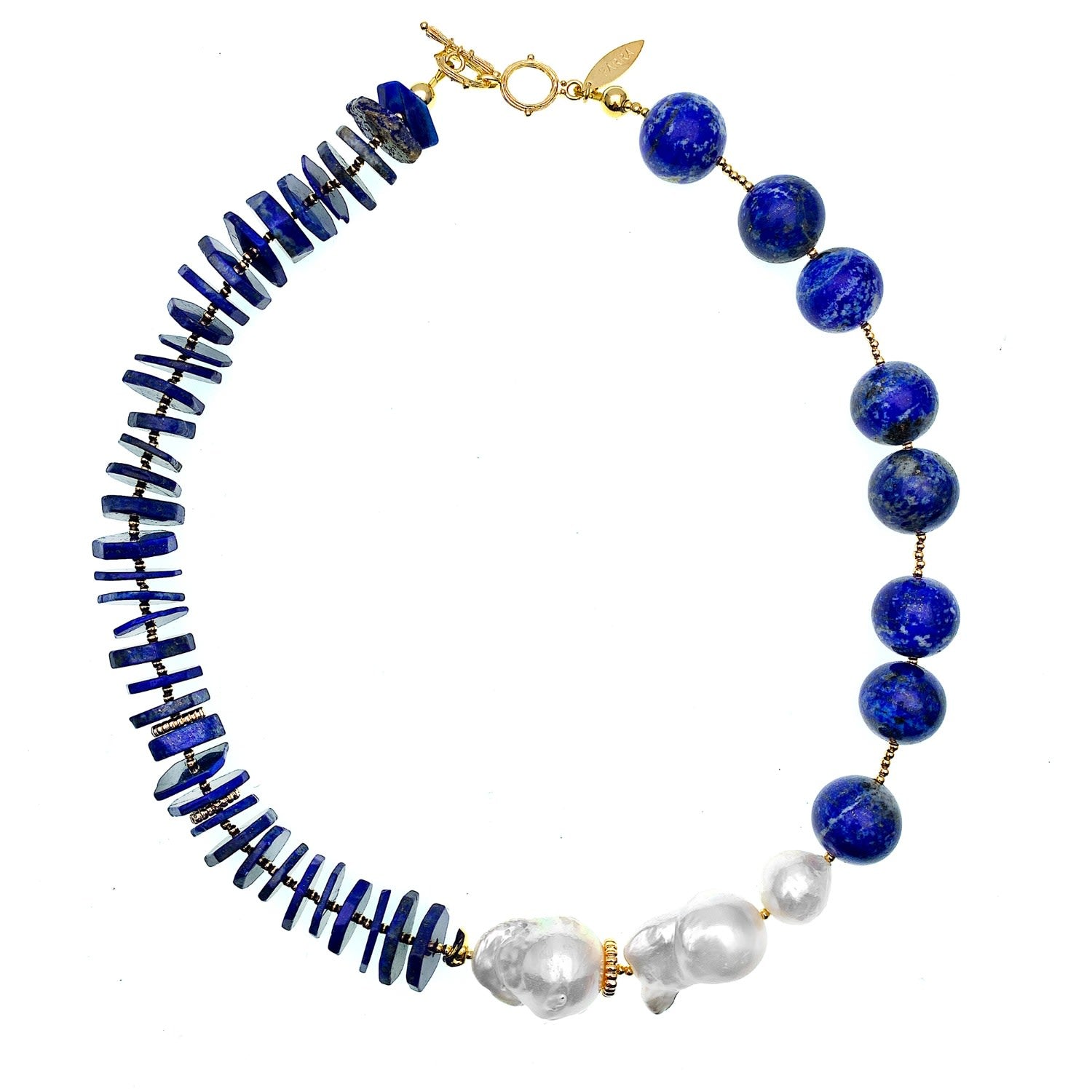 Round & Flat Lapis With Baroque Pearls Statement Necklace