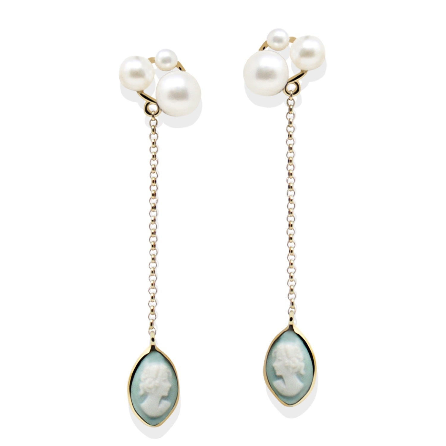 Lilith Gold-Plated Green Cameo And Pearl Drop Earrings