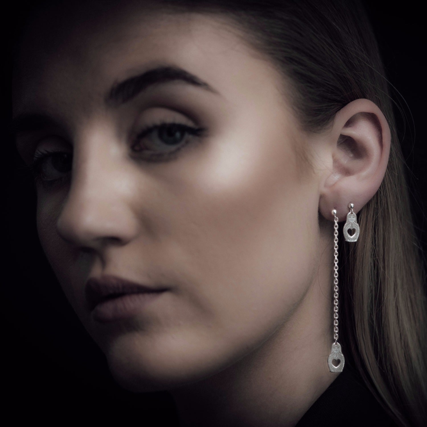 Silver Russian Doll Single Long Drop Earring