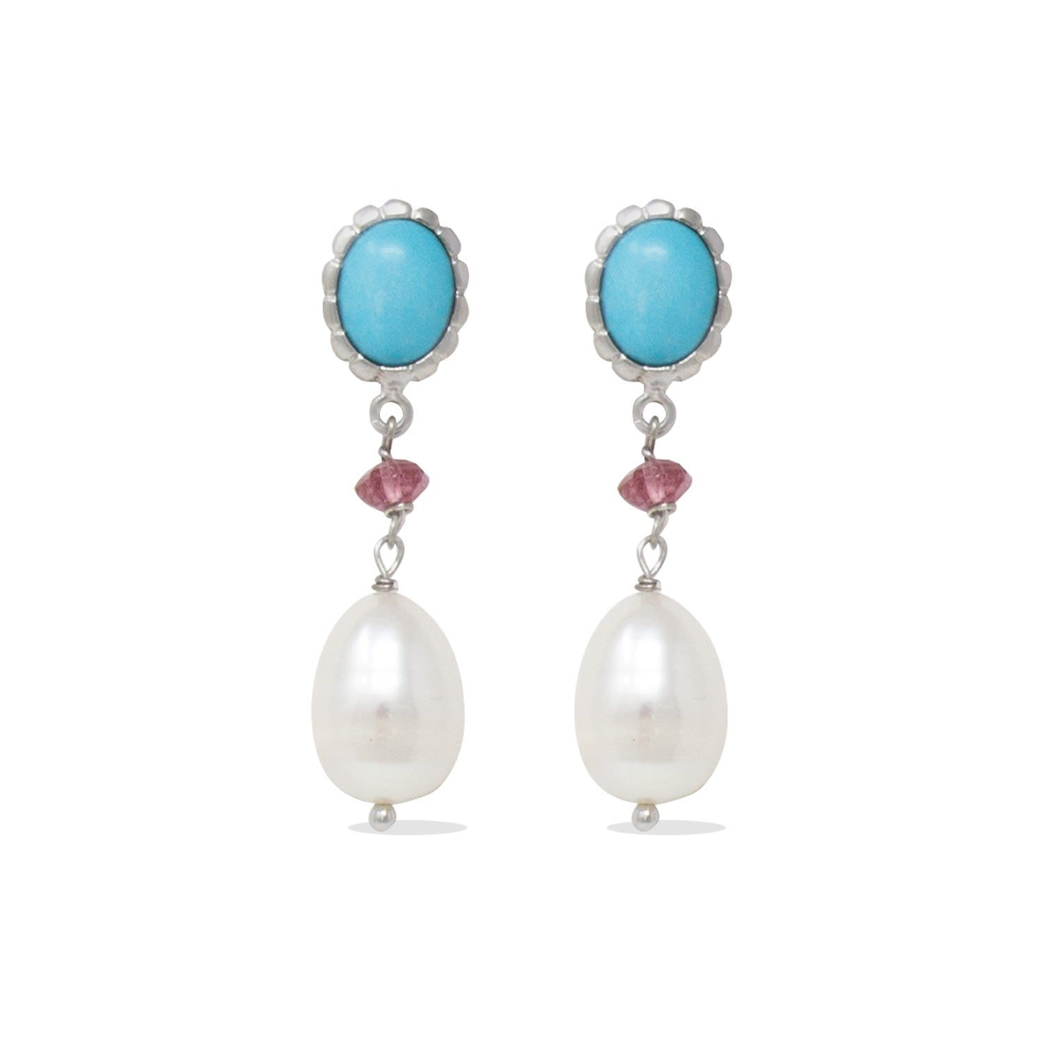 Turquoise, Pink Quartz & Pearl Drop Earrings