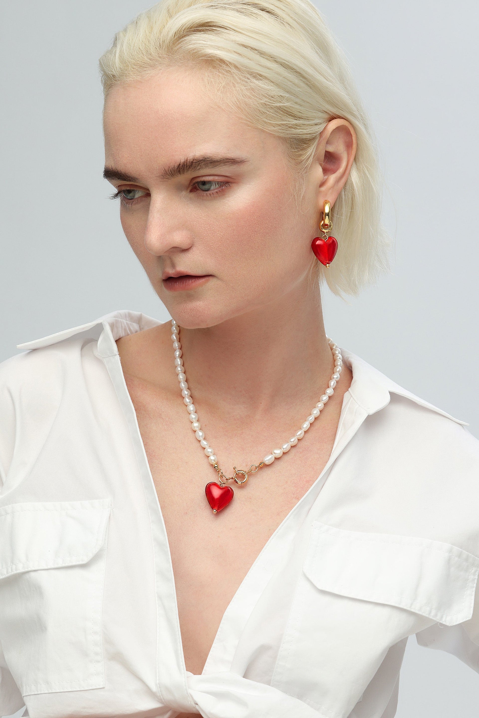 Esmée Red Glaze Heart Pendant Pearl Necklace