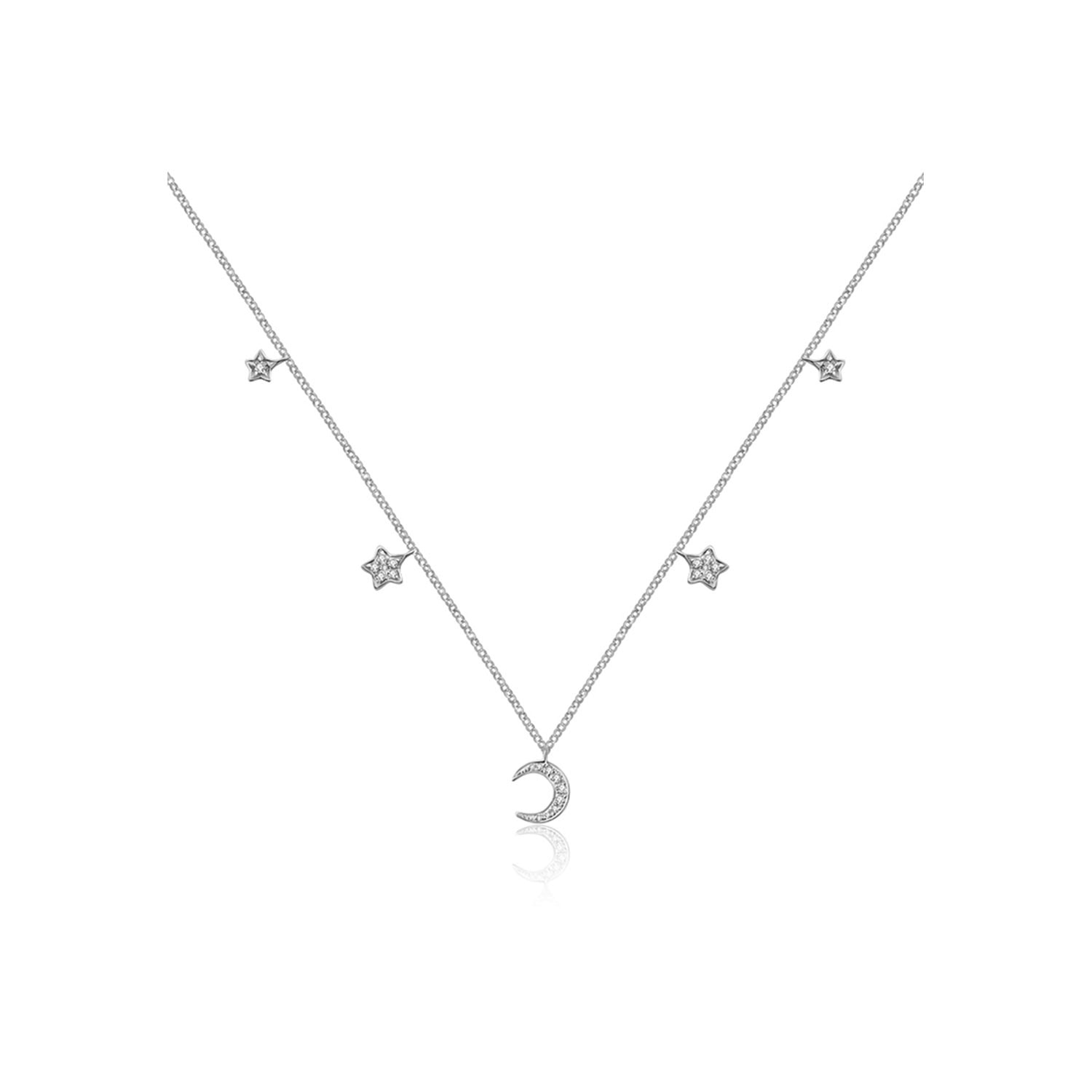 18K White Gold Moon & Star Shape Diamond Necklace Choker