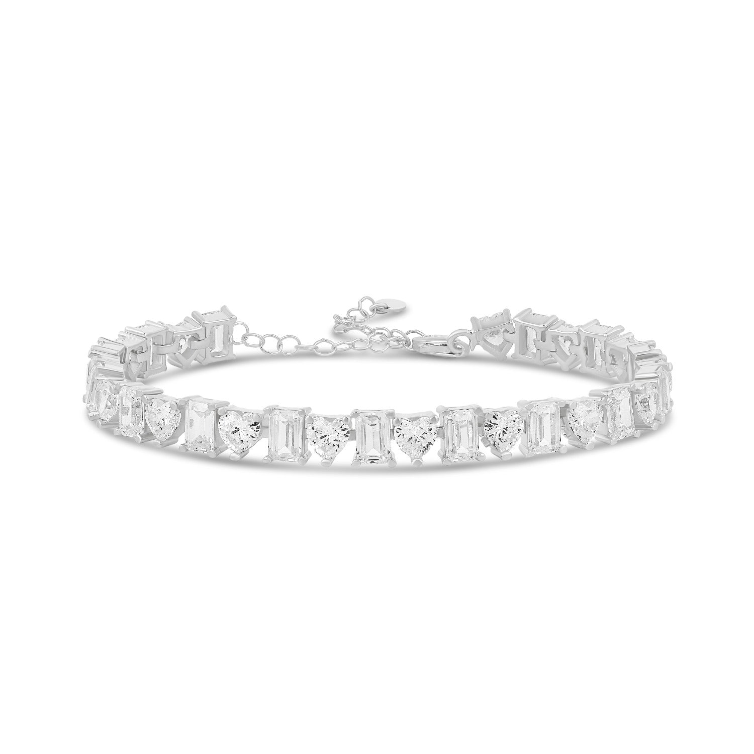 Heart And Emerald Shape Tennis Bracelet - Silver