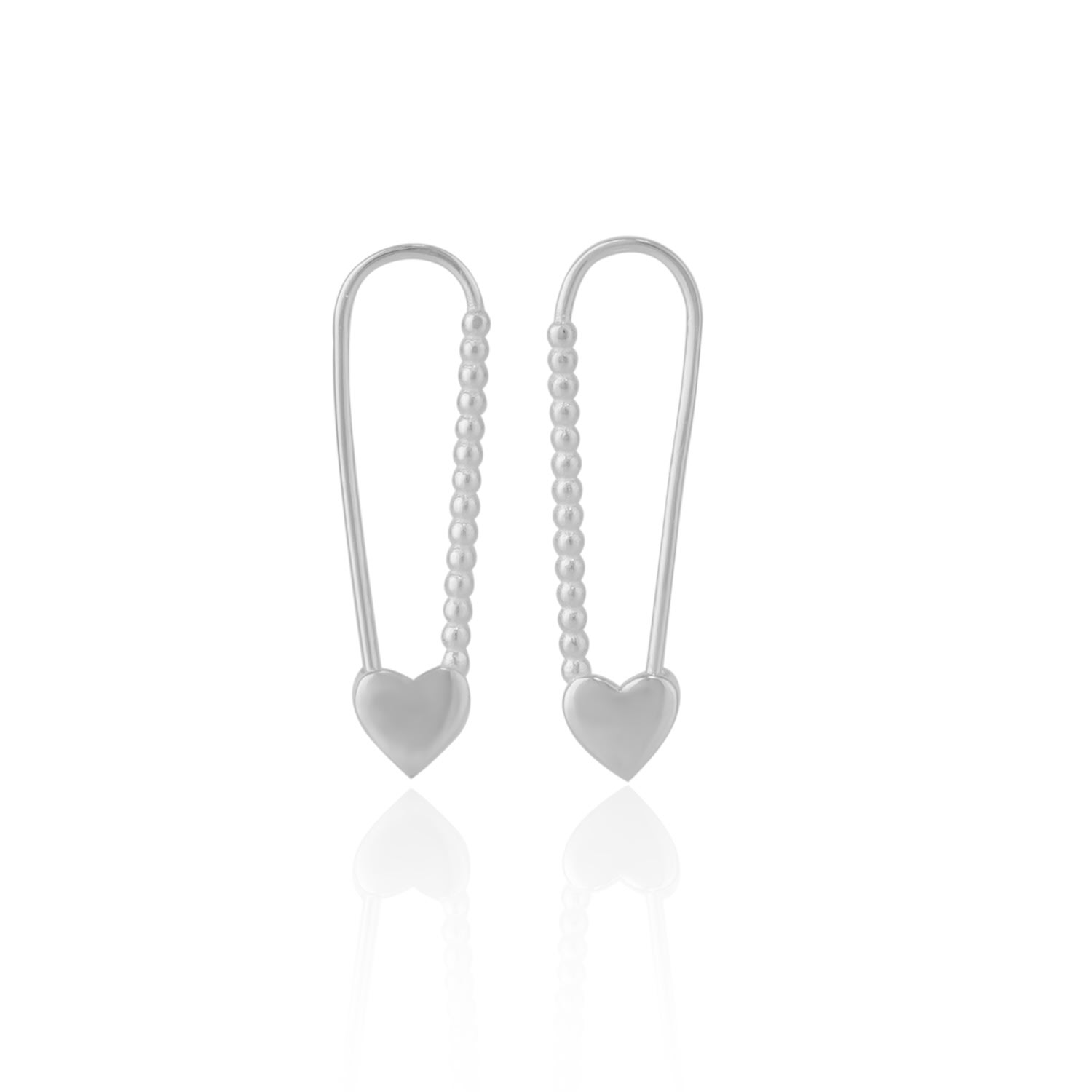 Heart Beaded Safety Pin Sterling Silver Earring - Silver