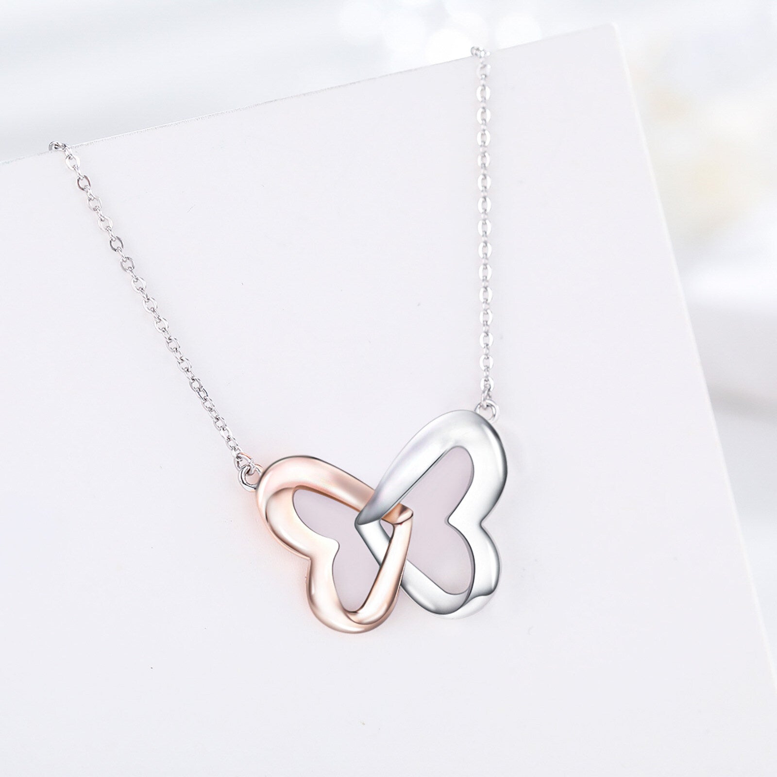 Sterling Silver Two-tone Butterfly & Heart With Heart Pendant Necklace