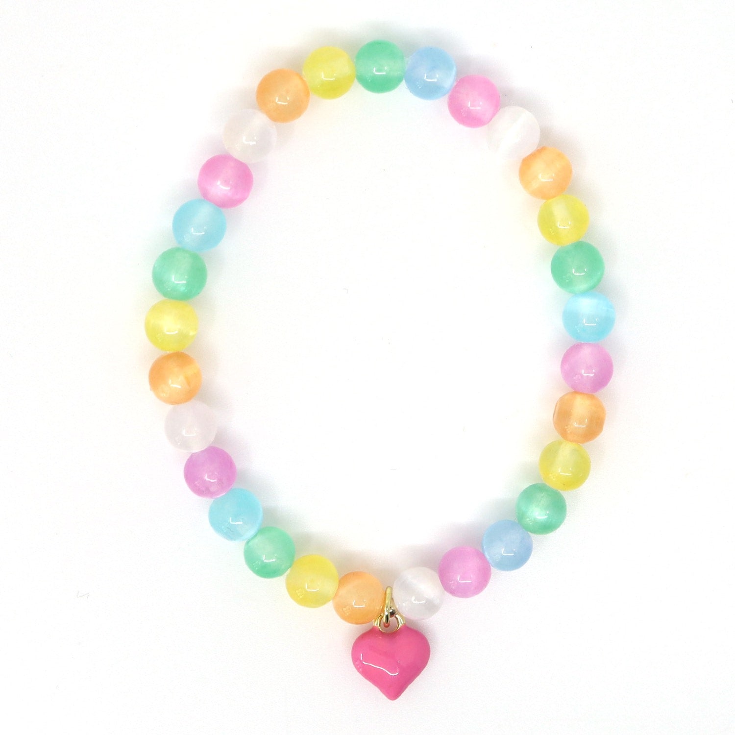 Heart Charm & Rainbow Selenite Beaded Bracelet