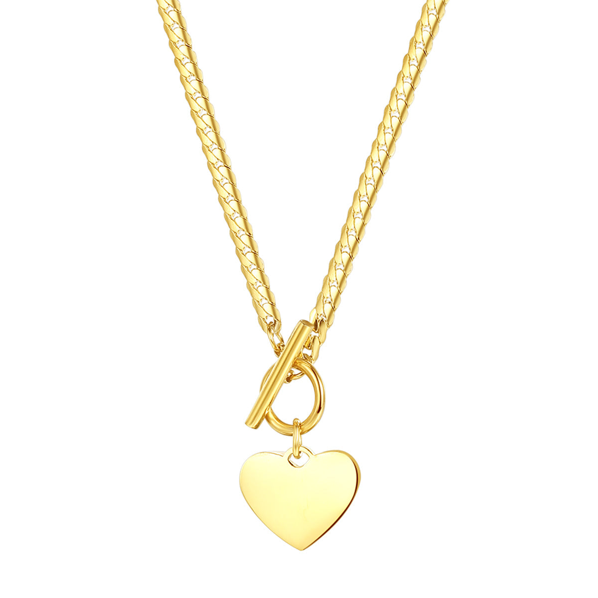Heart Charm T-Bar Chain Necklace Gold