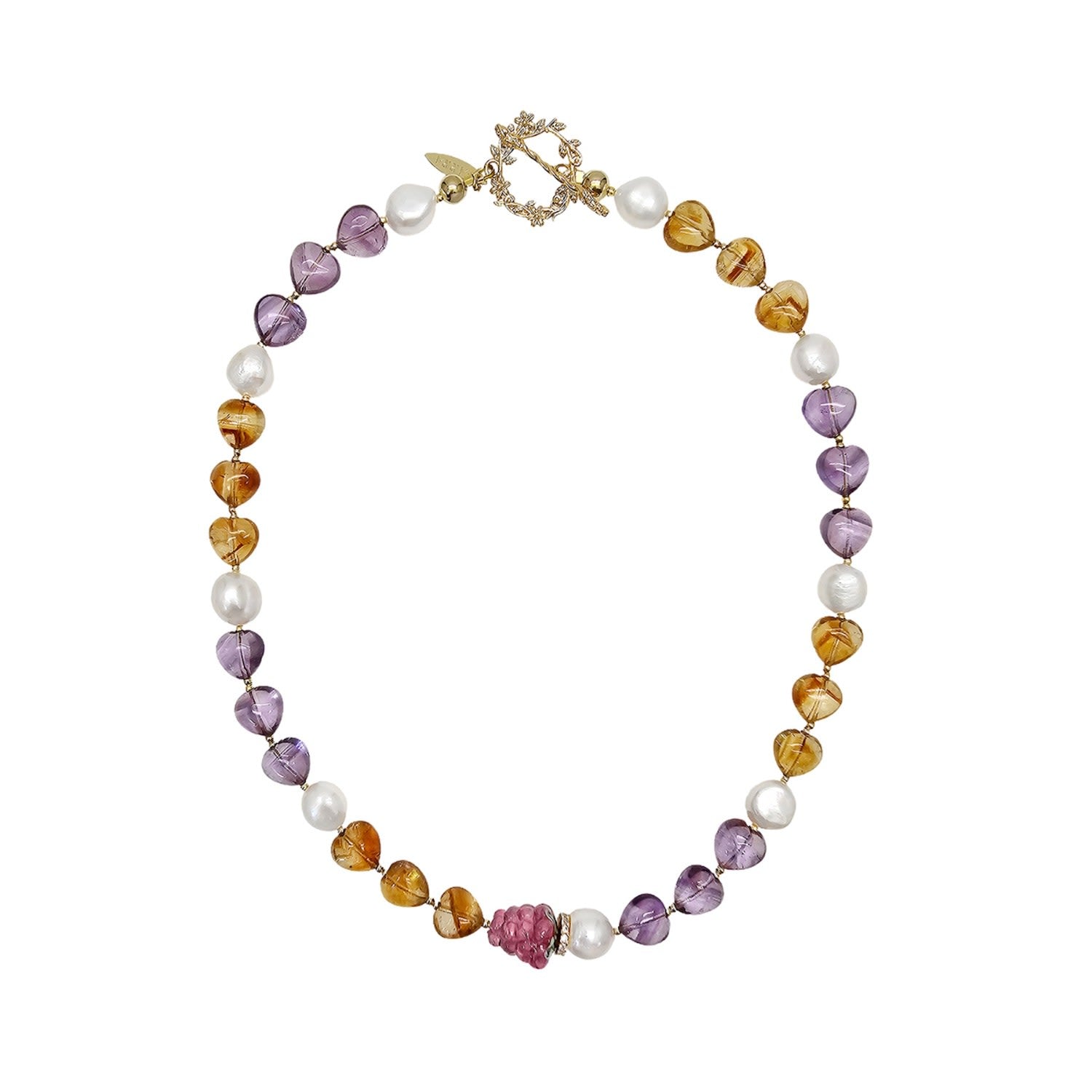 Heart Citrine And Amethyst With Raspberry And Pearls Necklace