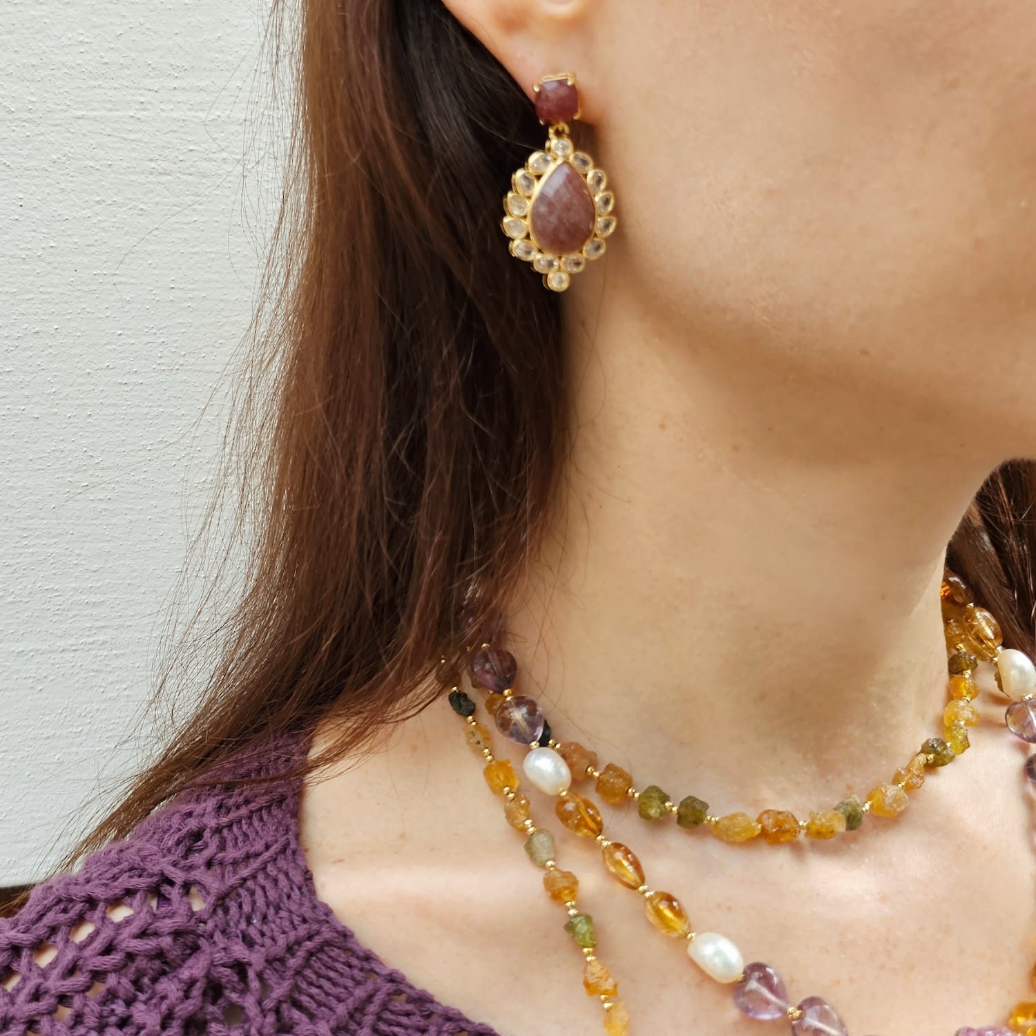 Heart Citrine And Amethyst With Raspberry And Pearls Necklace