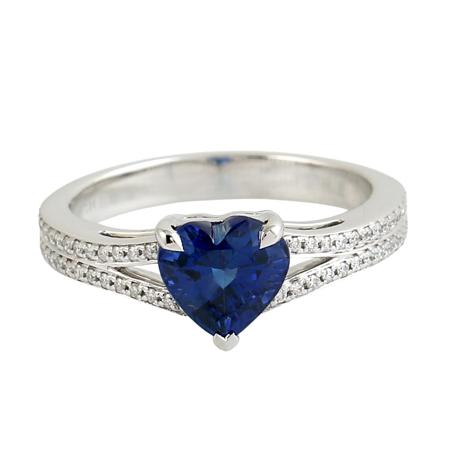 Heart Cut Blue Sapphire Pave Diamond Band Ring In 18K White Gold