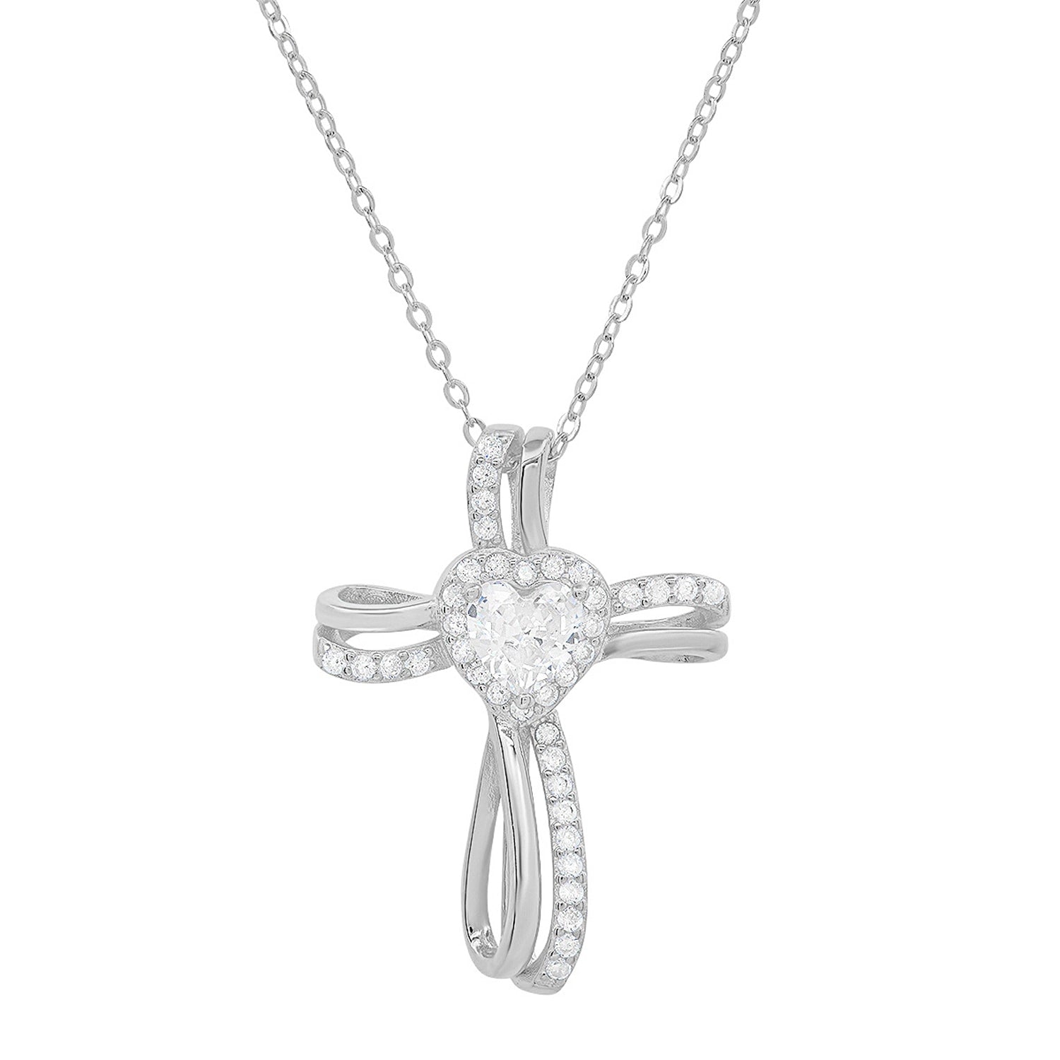 Heart-Cut Diamond Cz Cross Pendant In Sterling Silver