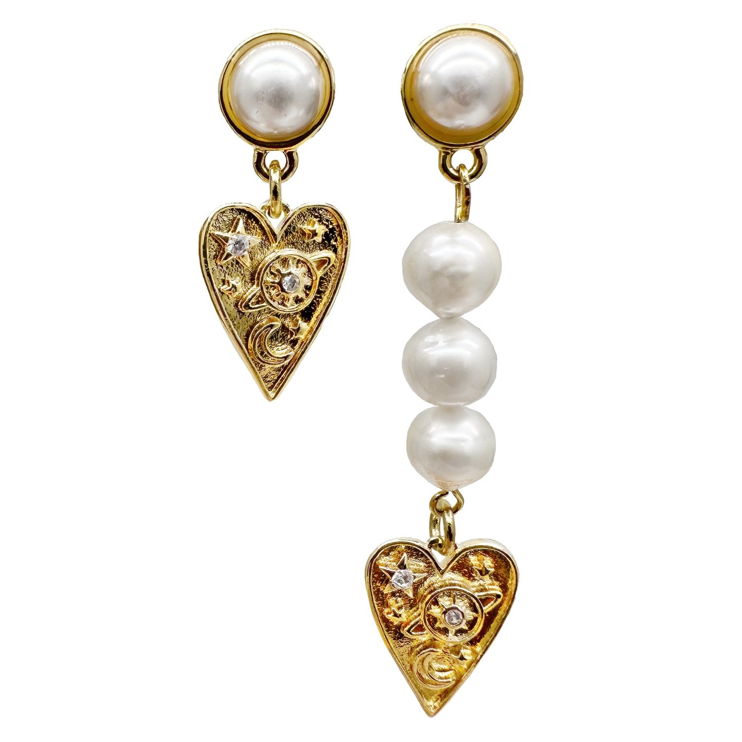 Heart Dangle Freshwater Pearls Asymmetric Earrings