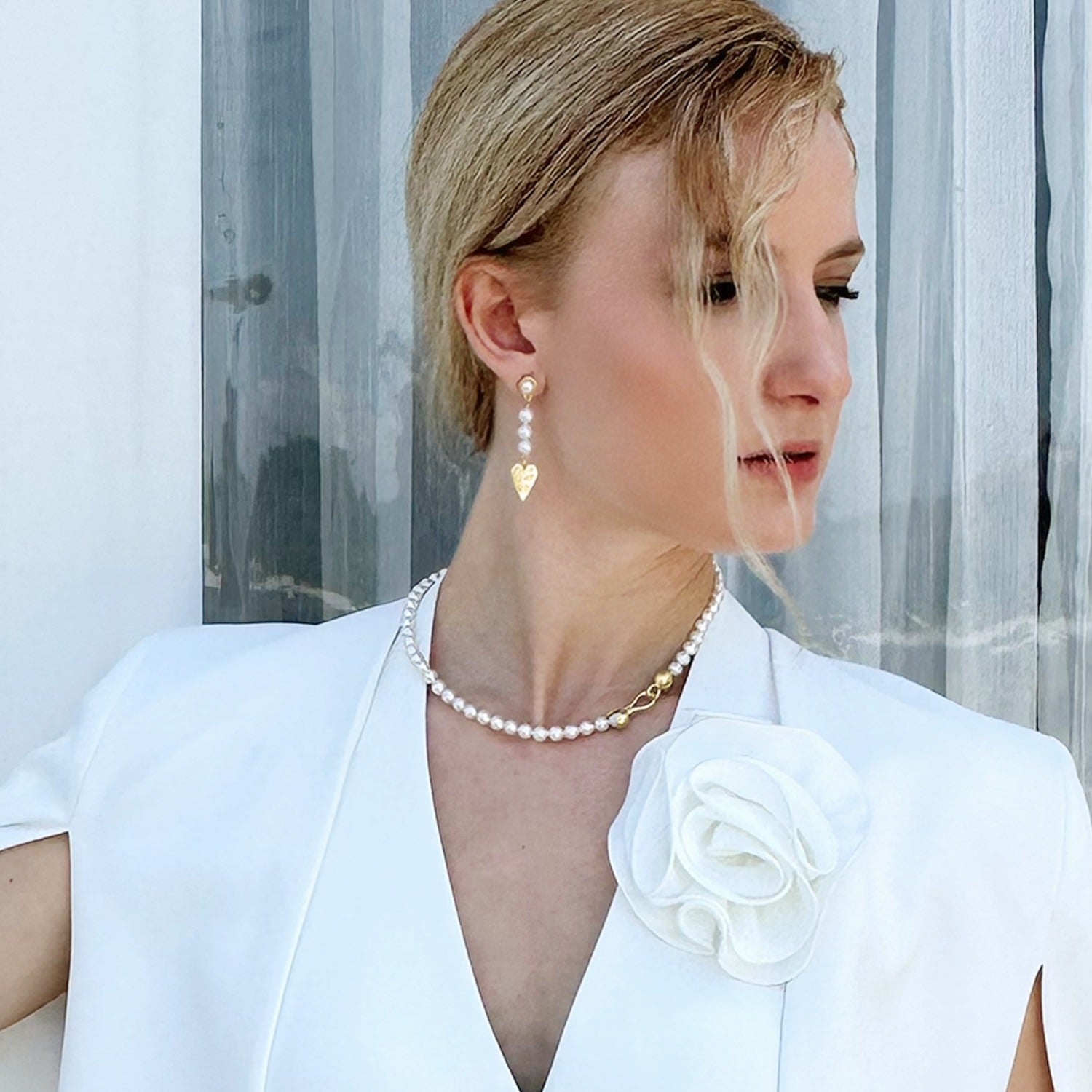 Heart Dangle Freshwater Pearls Asymmetric Earrings