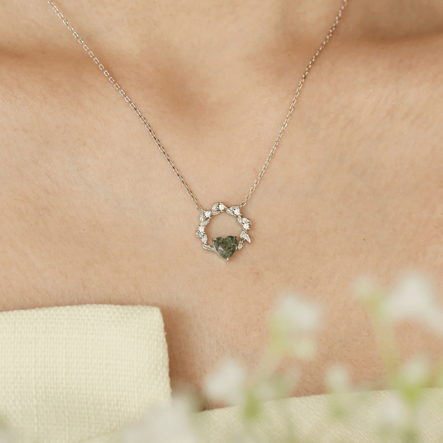 Heart Desire Moss Agate White Gold Vermeil Necklace©