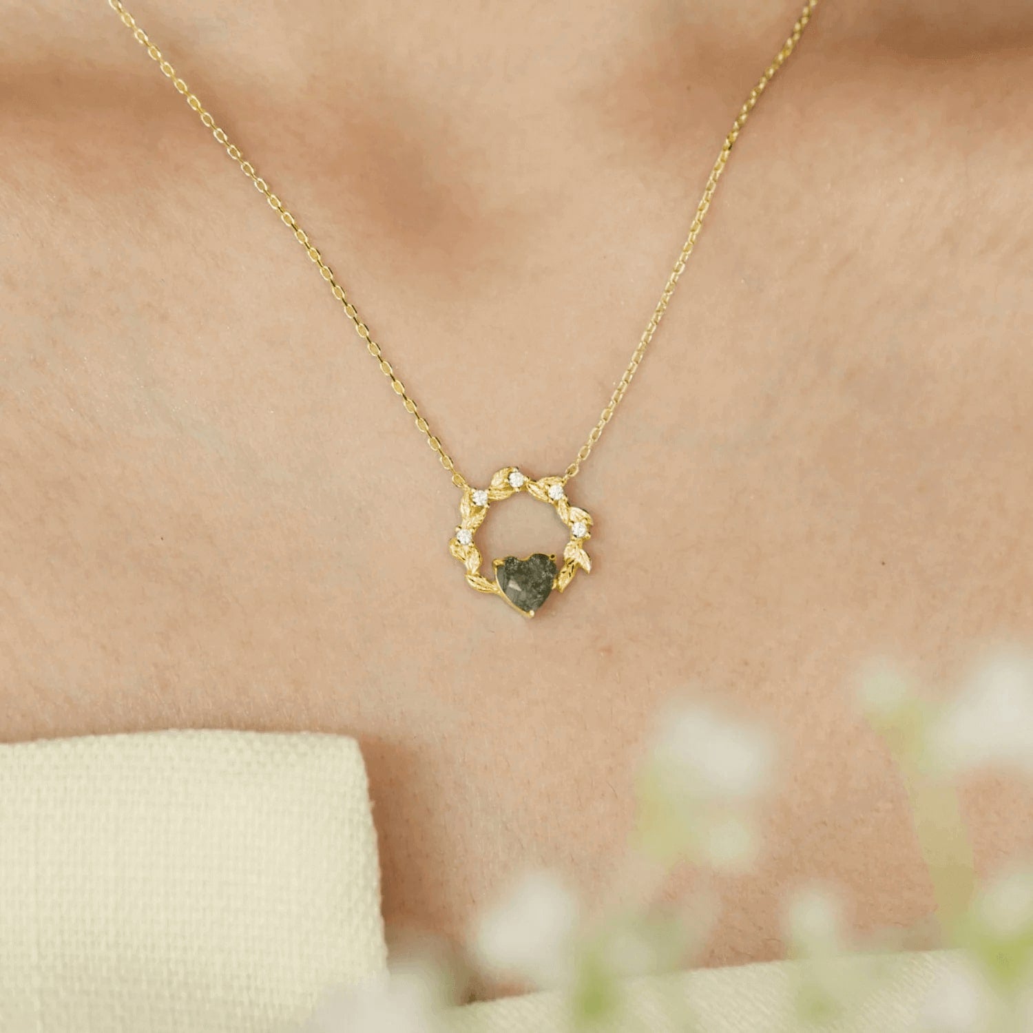 Heart Desire Moss Agate Yellow Gold Vermeil Necklace©