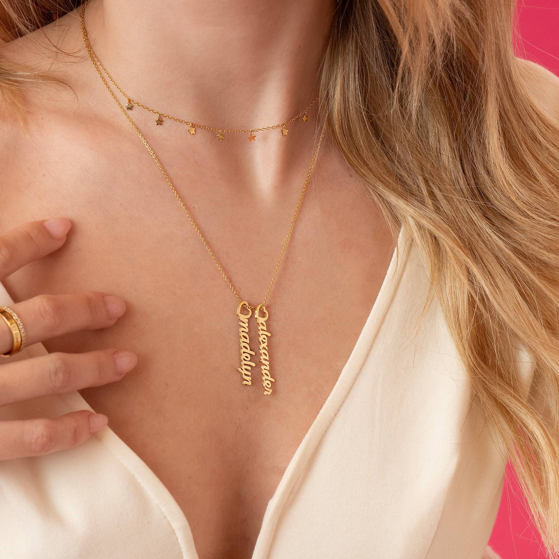Heart Drop Vertical Name Necklace in 18K Gold Plating