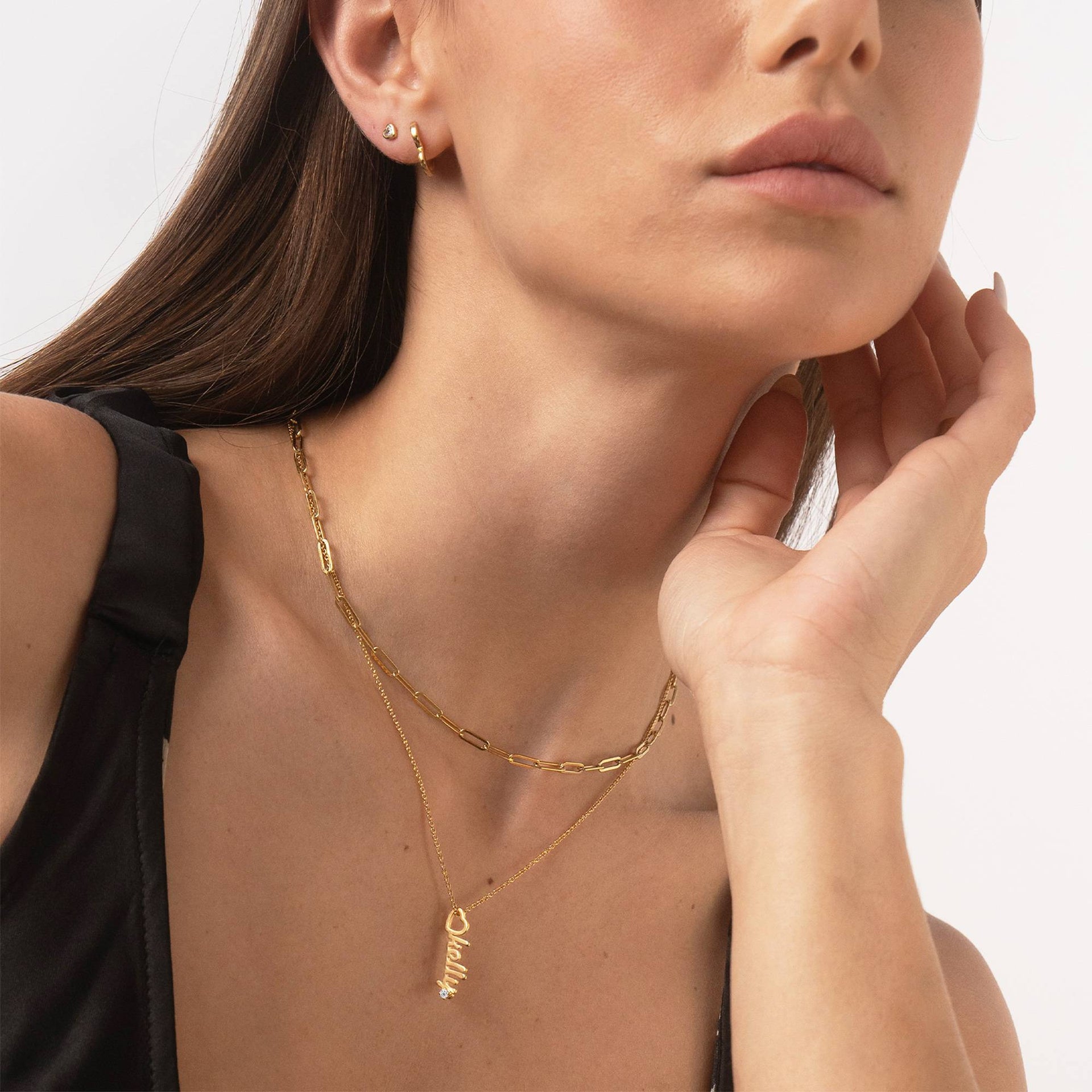 Heart Drop Vertical Name Necklace with 0.05CT Diamond in 18K Gold Plating