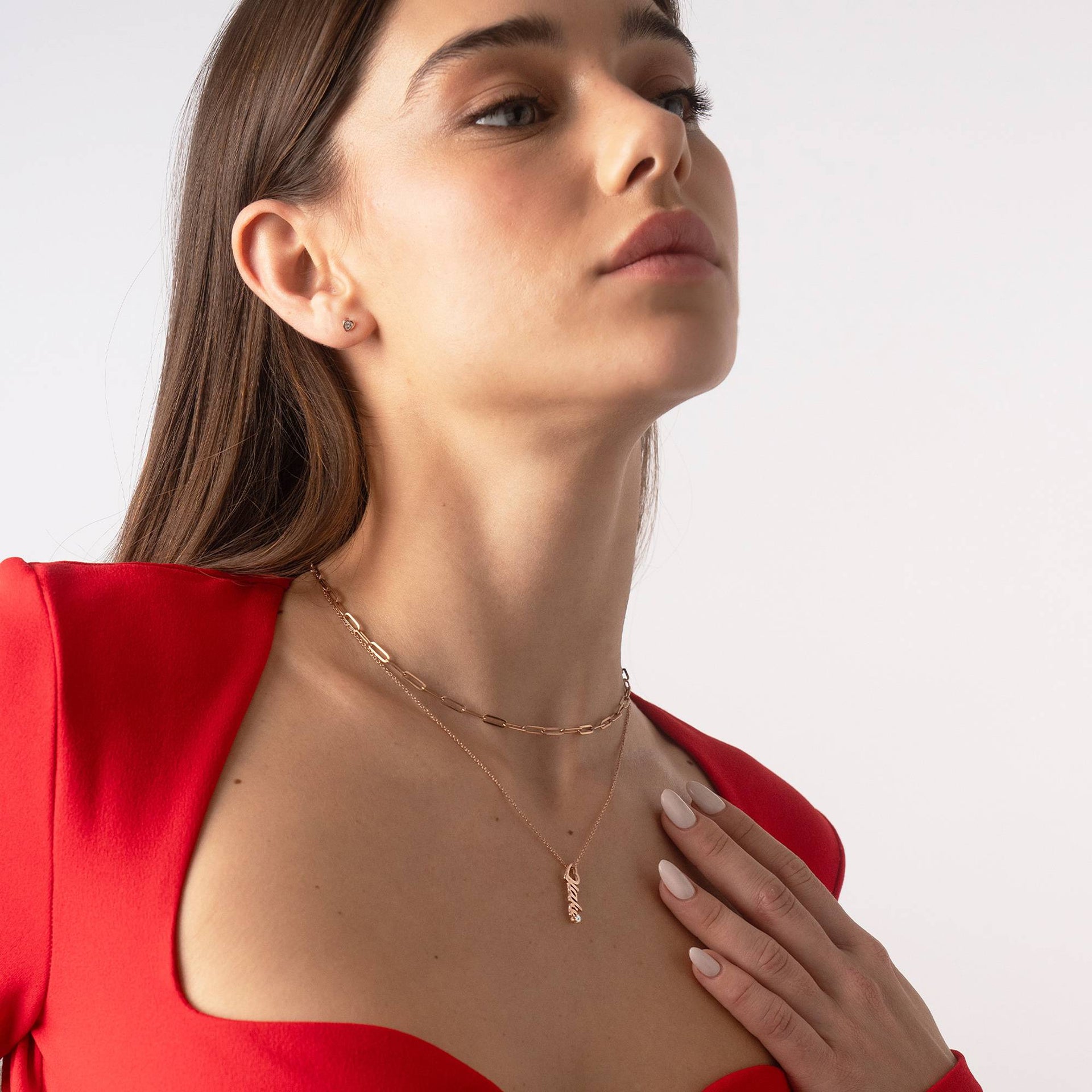 Heart Drop Vertical Name Necklace with 0.05CT Diamond in 18K Rose Gold Plating