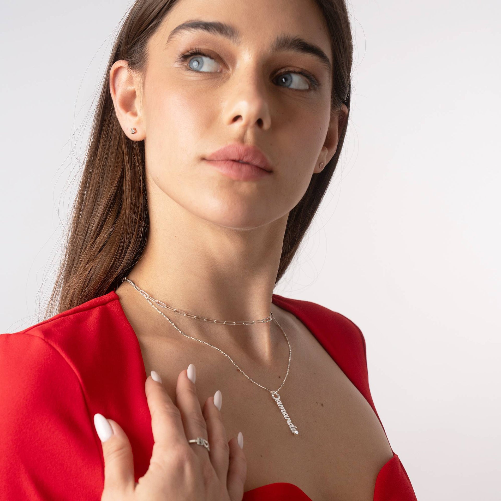 Heart Drop Vertical Name Necklace with 0.05CT Diamond in Sterling Silver