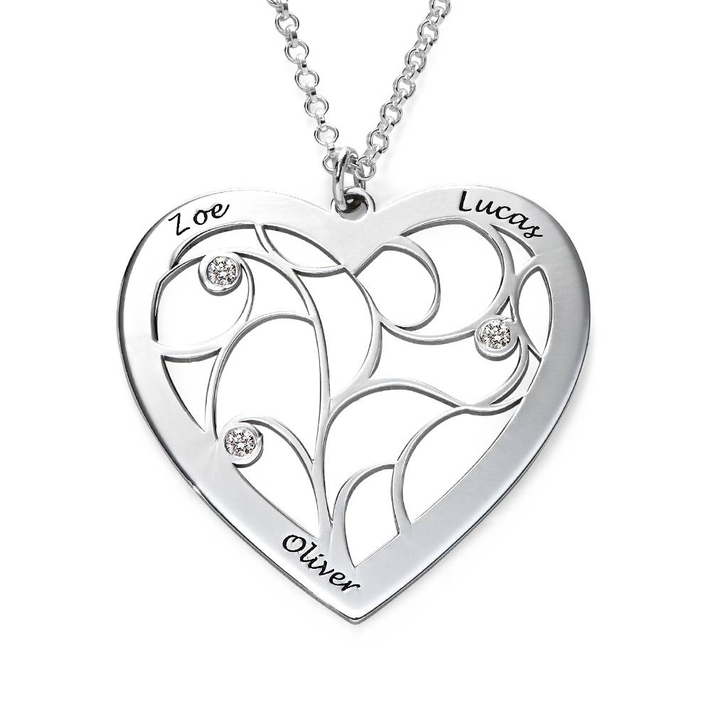 Heart Family Tree Necklace with Diamonds in Silver Sterling